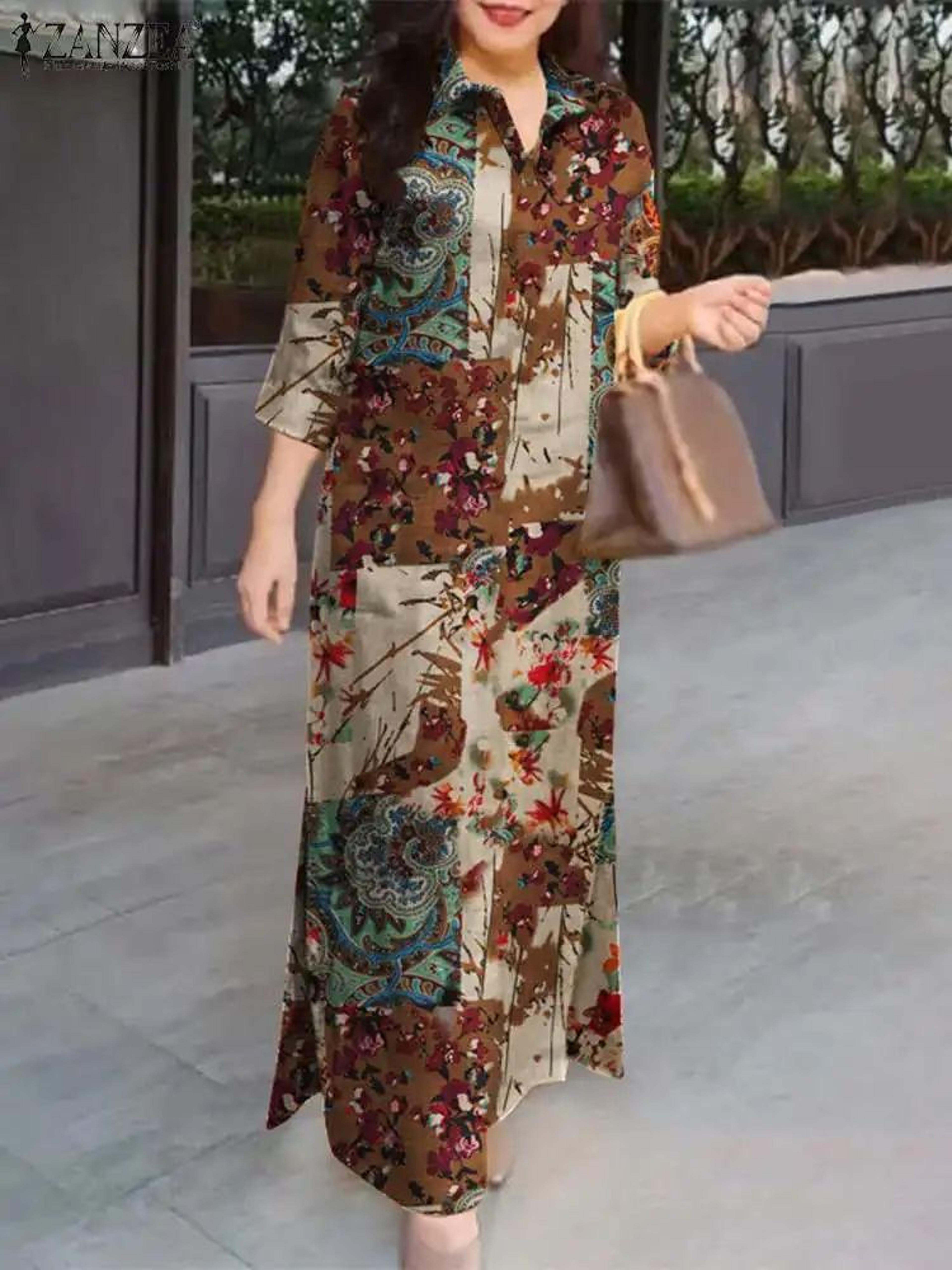 ZANZEA Vintage Floral Cotton Maxi Shirt Dress  Oversized Autumn Lapel Sundress 2