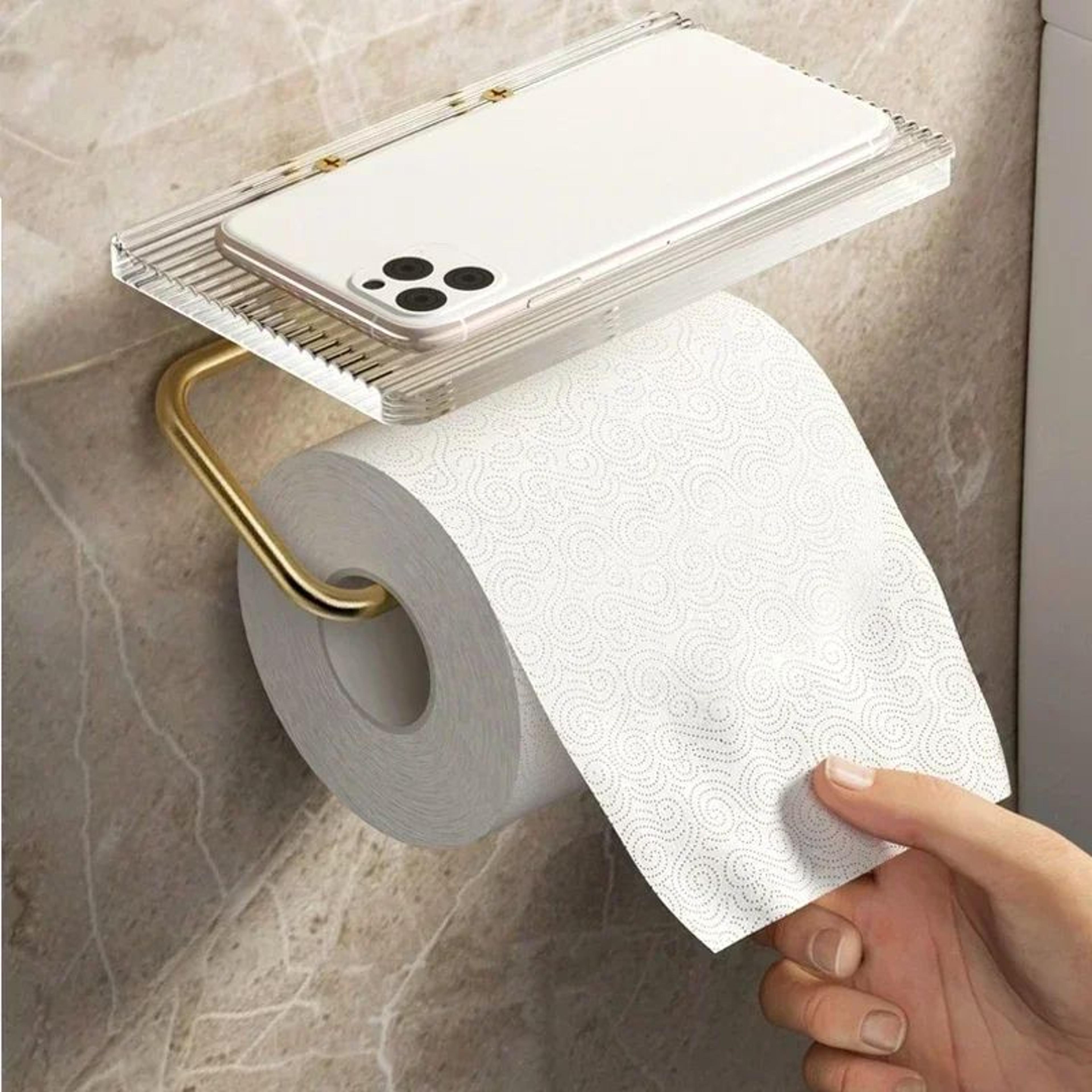 Luxury Gold Toilet Paper Holder With Shelf  No Drill Wall Mounted Bathroom Organizer 2