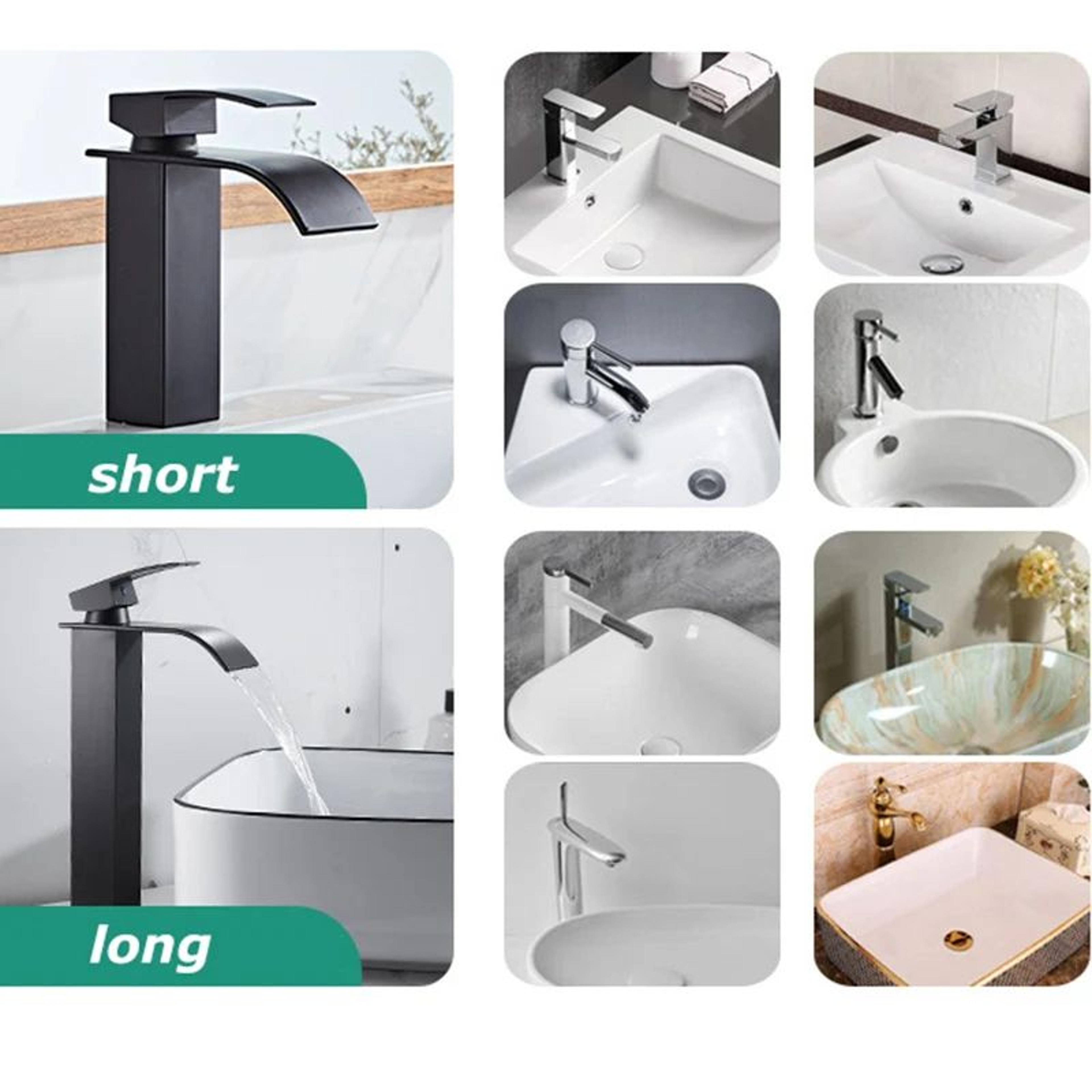 Matte Black Waterfall Bathroom Faucet With Hot  Cold Supply Lines 4