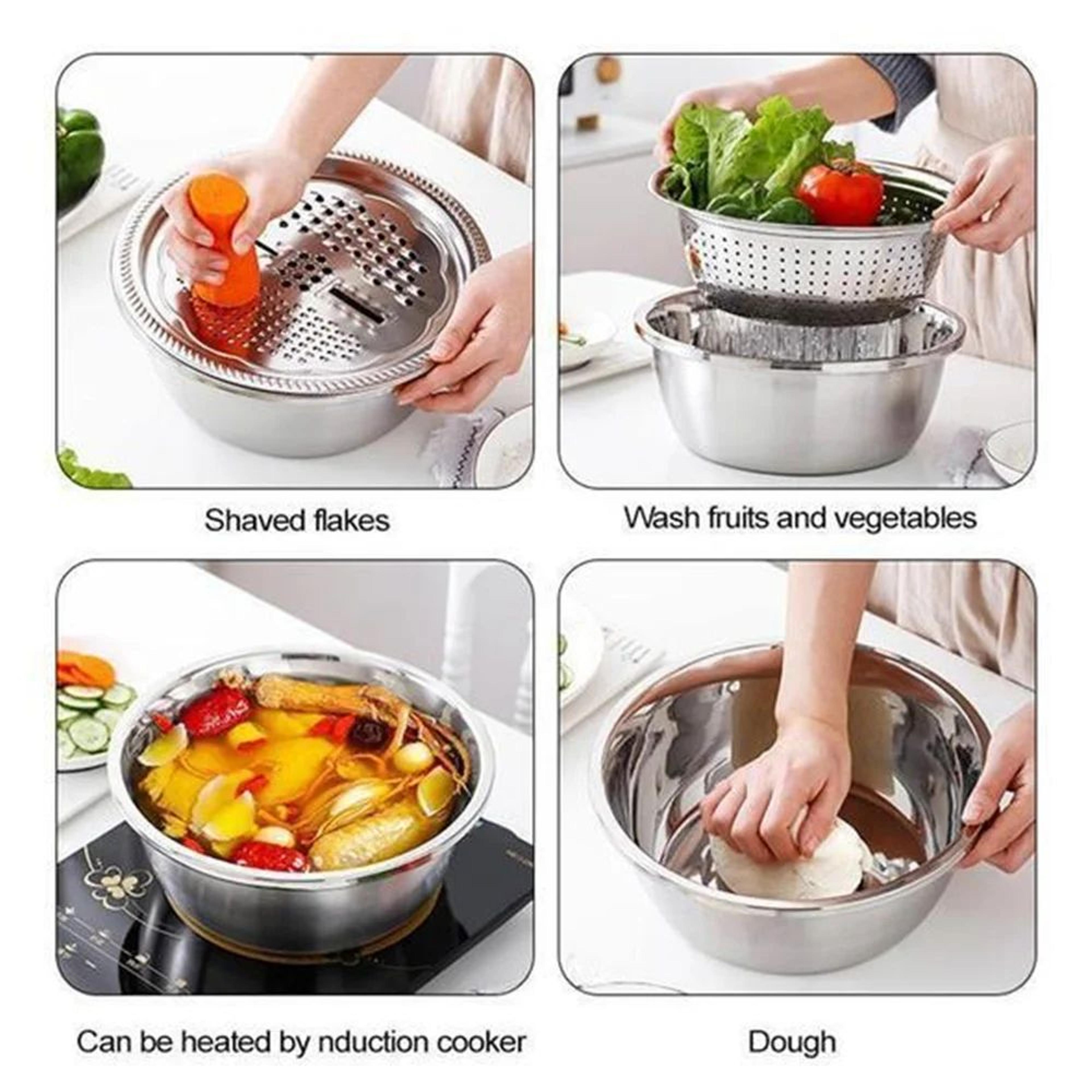 3in1 Stainless Steel Grater Bowl With Drain Basket  Rinse Grate  Toss Faster 3
