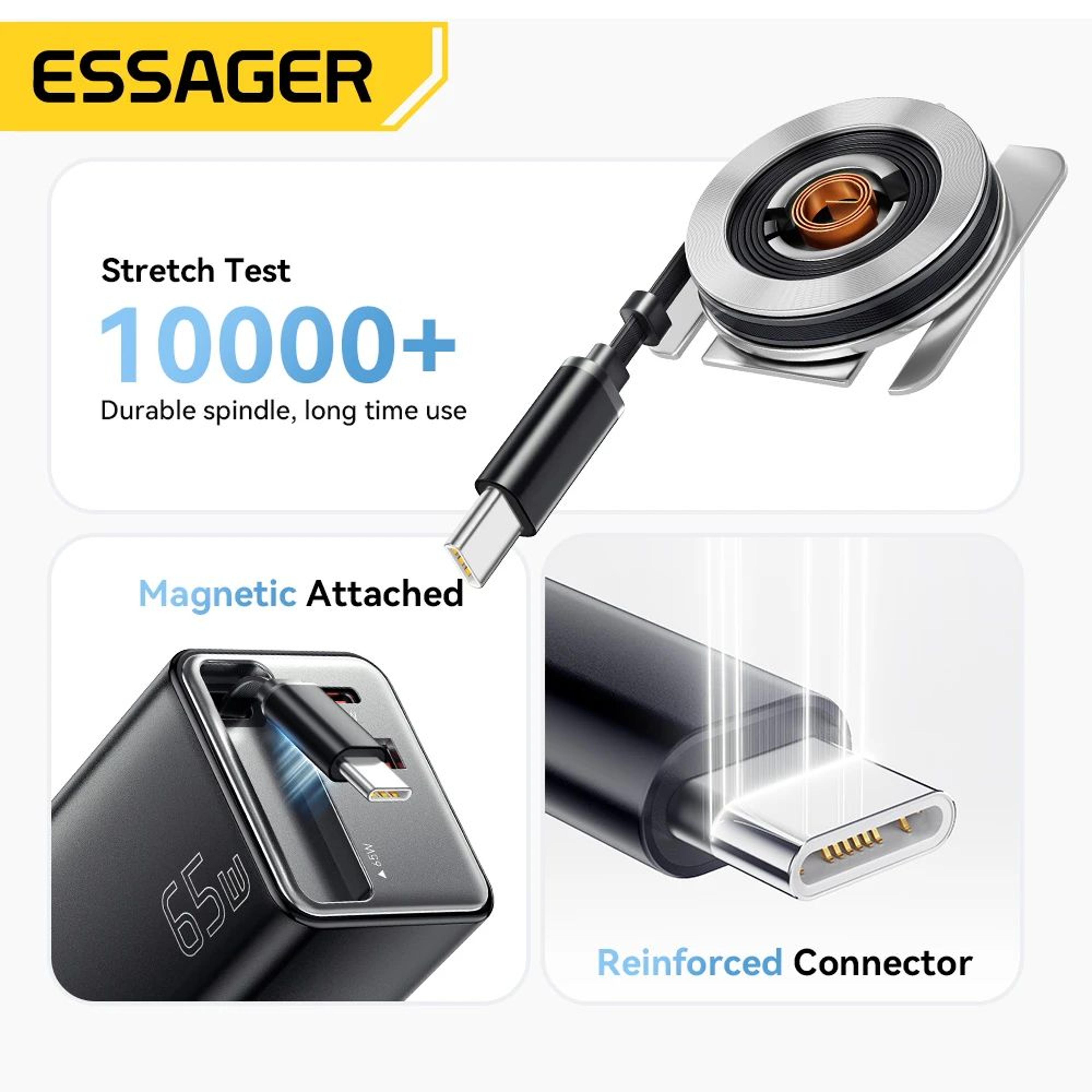 Essager 65W GaN Charger With Retractable Cable  PD Fast Charging USBC Laptop  Phone Power Adapter 4