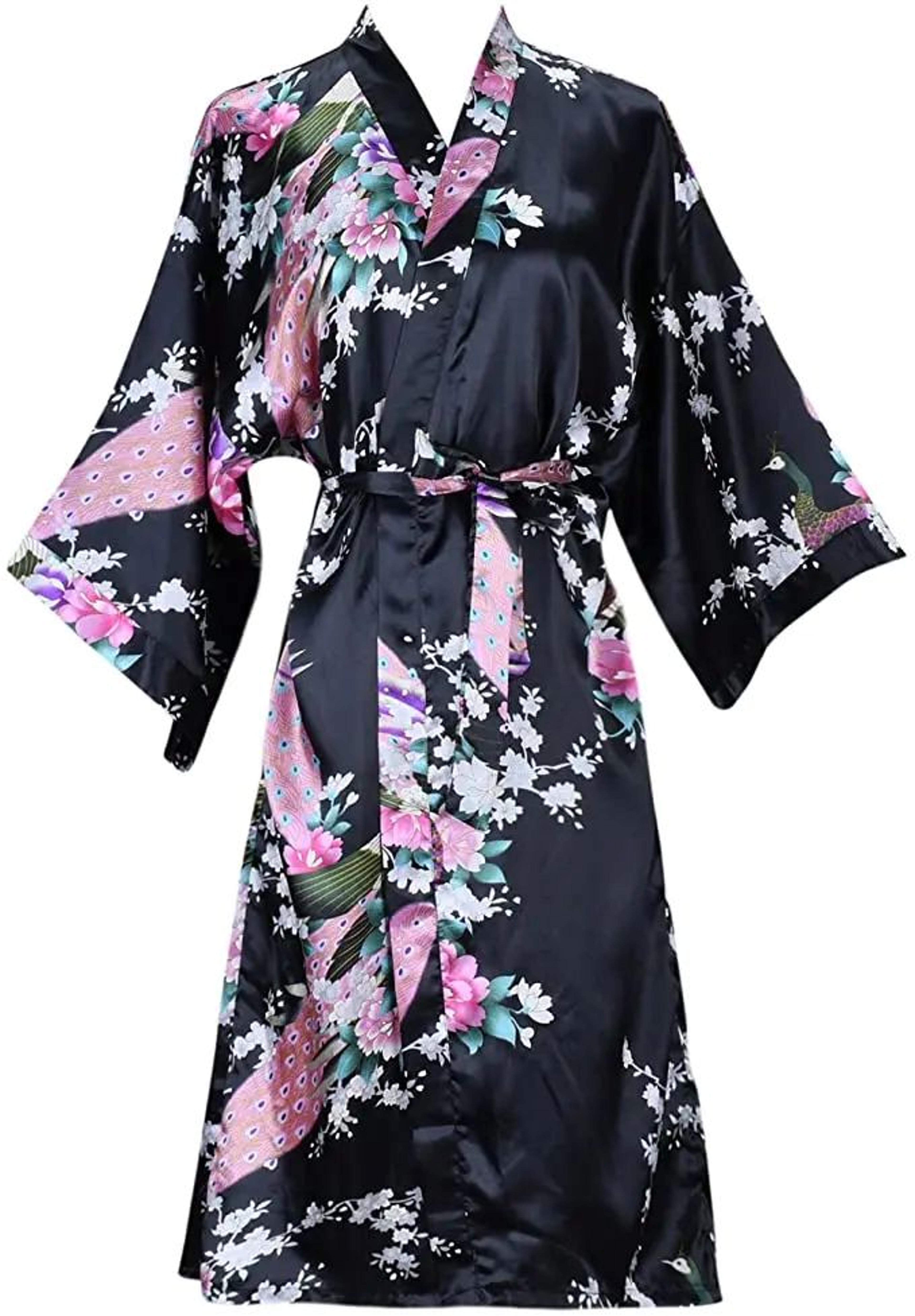 Floral Satin Bridesmaid Robe  Short Kimono Wedding GettingReady Robe For Women 1