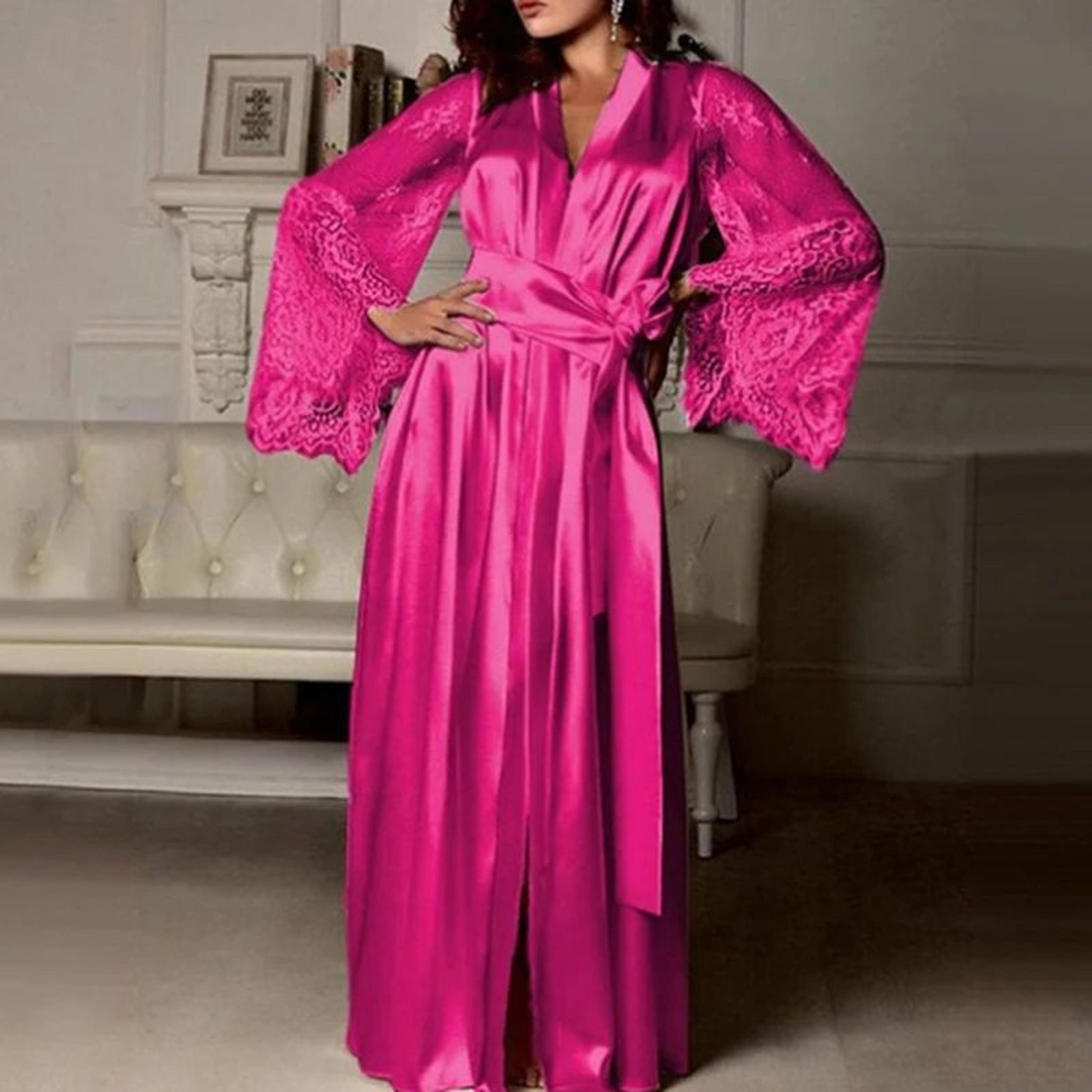 Womens Satin Robe With Lace Trim Long SilkFeel Bathrobe  Nightgown 5