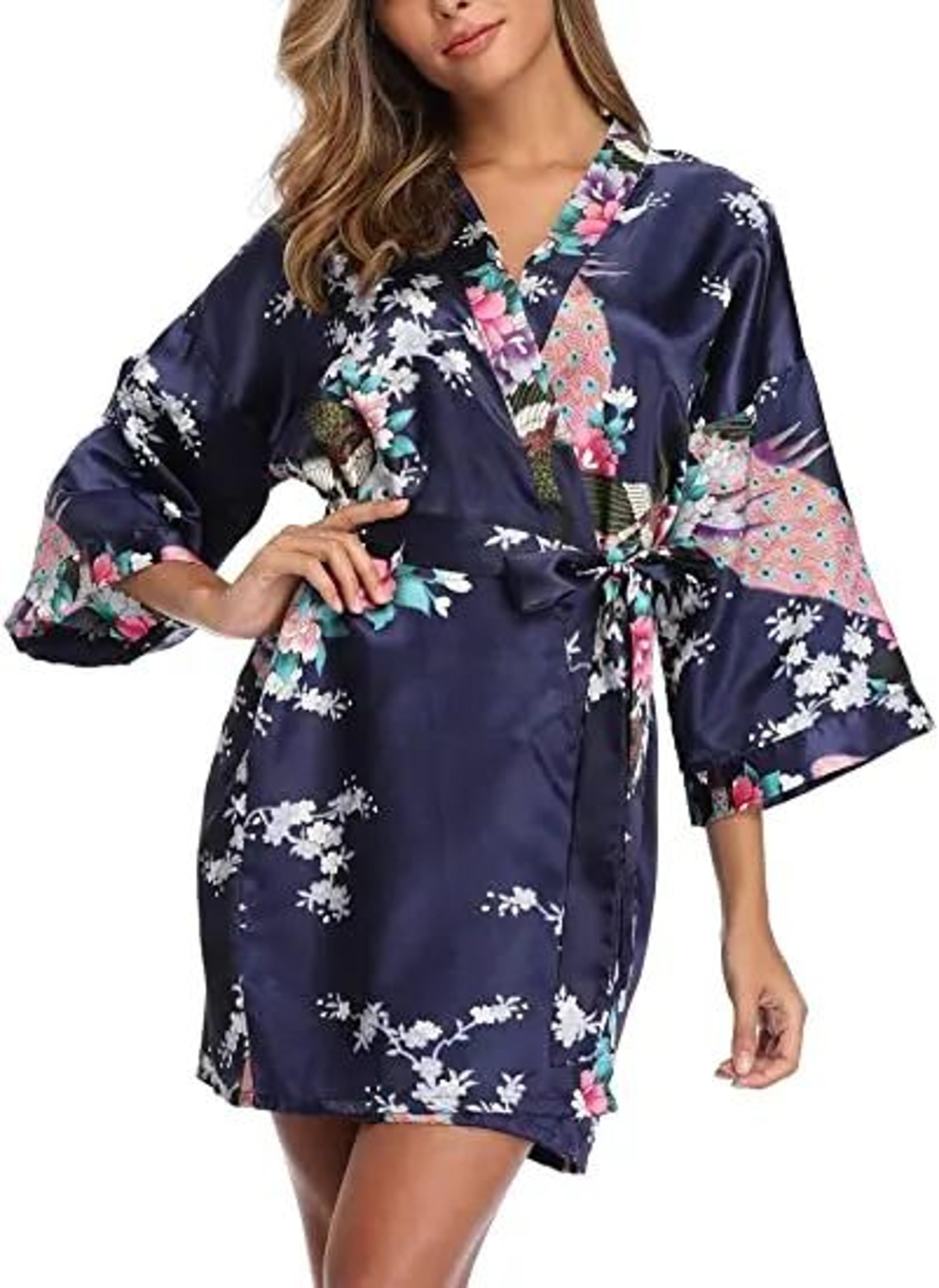 Elegant Satin Silk Bridesmaid Robe  Crane Print Kimono Bathrobe For Wedding Mornings 2