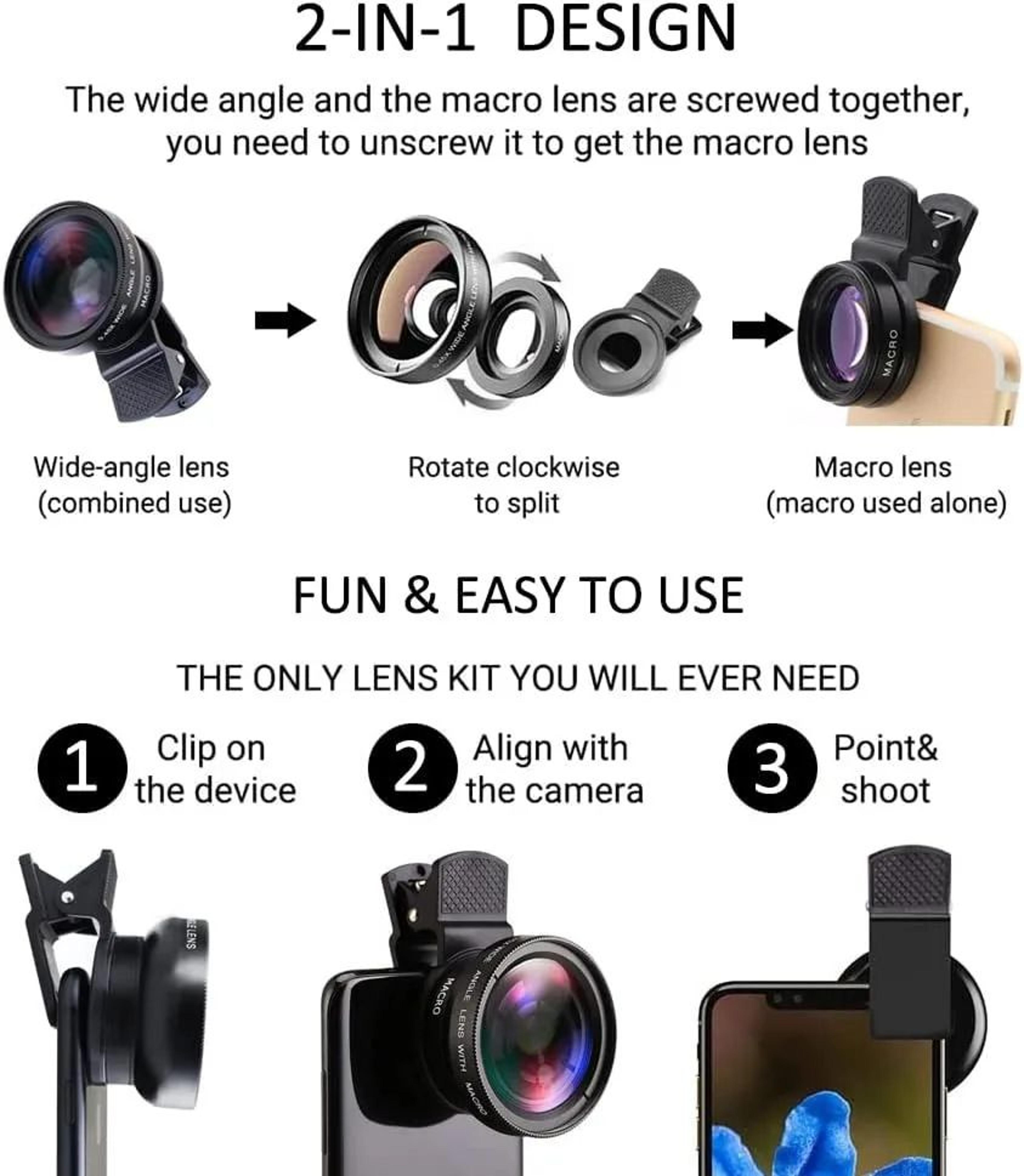 Universal ClipOn HD Wide Angle  Macro Phone Lens Kit For IPhone  Android 2