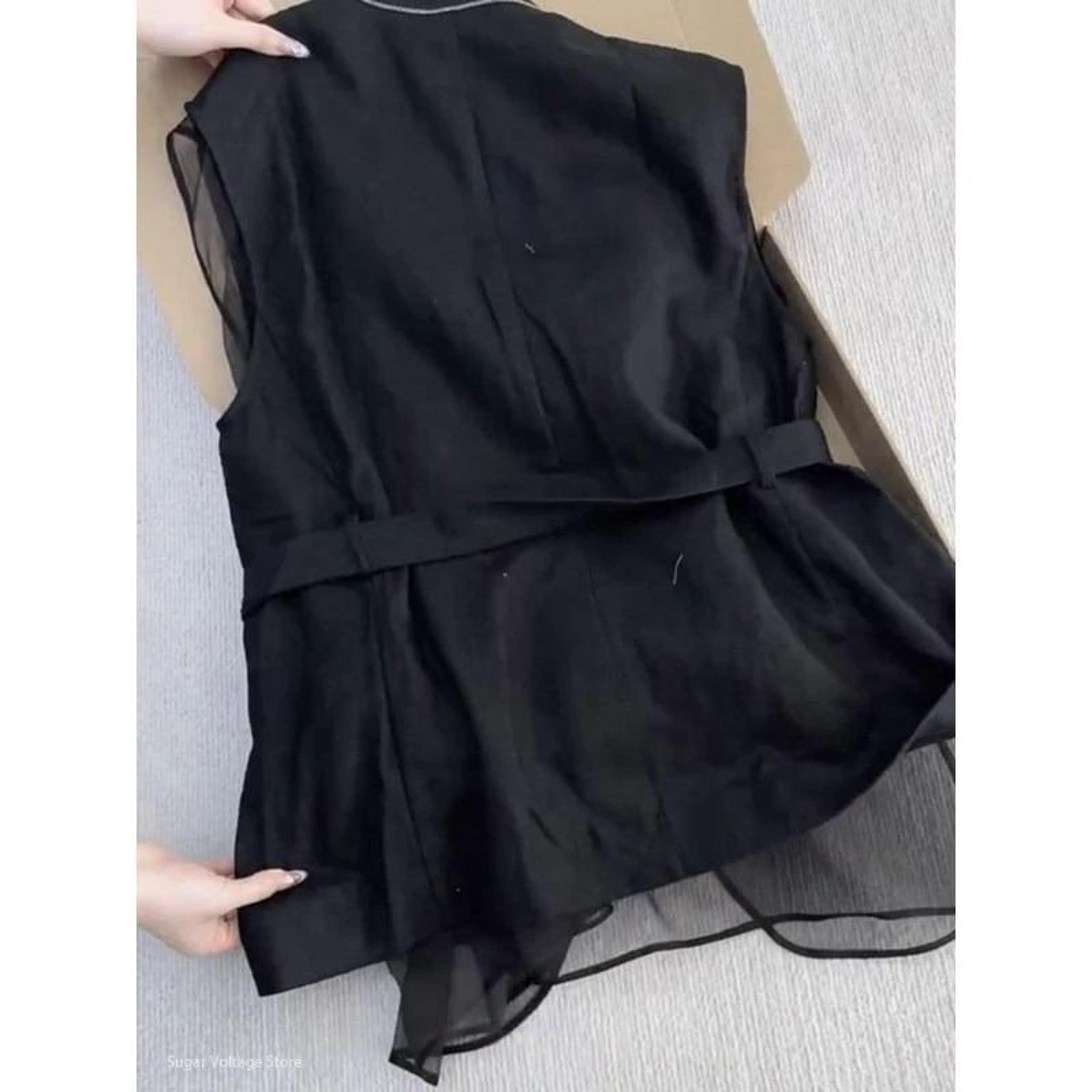 Korean Summer Black Sleeveless Vest  Slim Waist V Neck Waistcoat With Mesh Patchwork 3