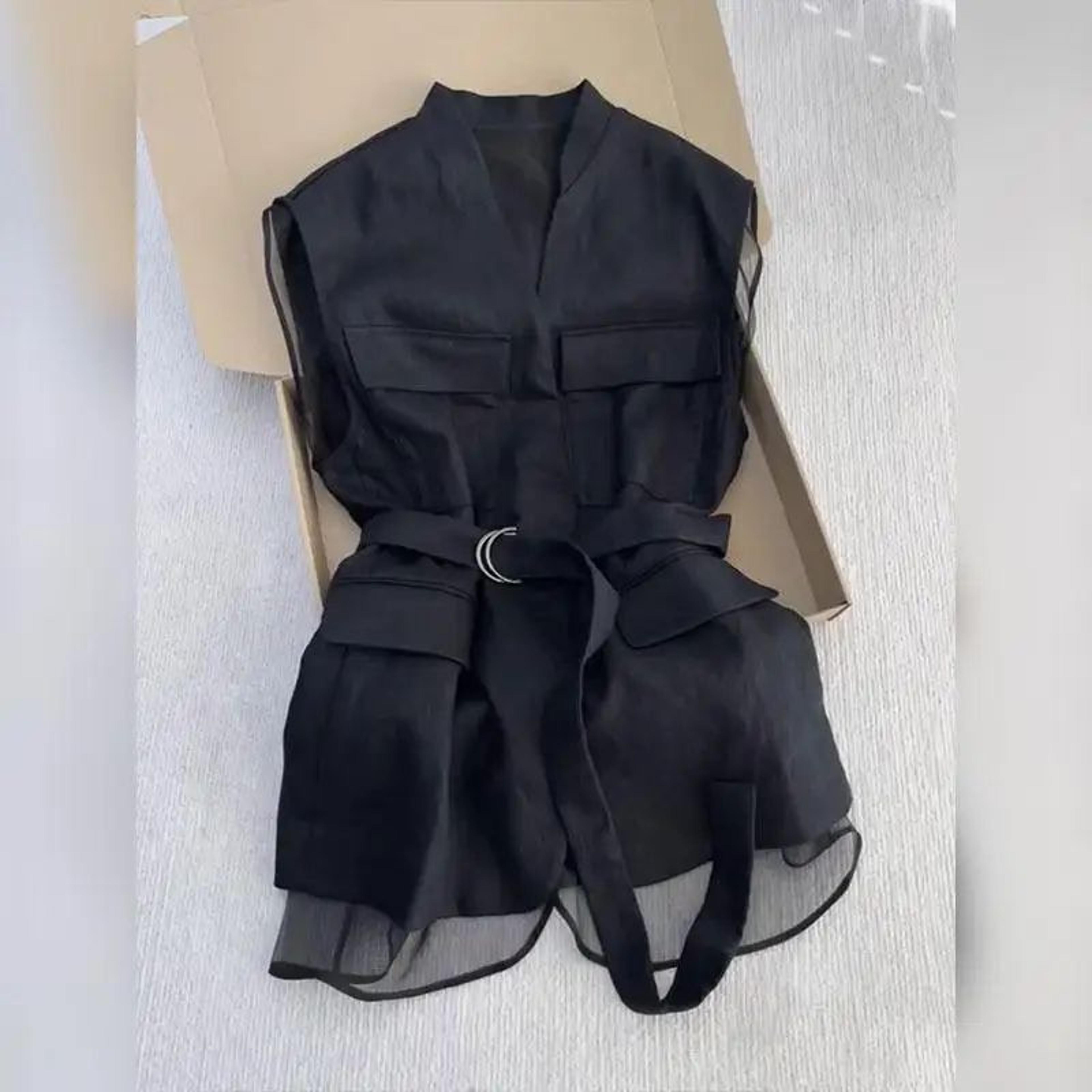 Korean Summer Black Sleeveless Vest  Slim Waist V Neck Waistcoat With Mesh Patchwork 4
