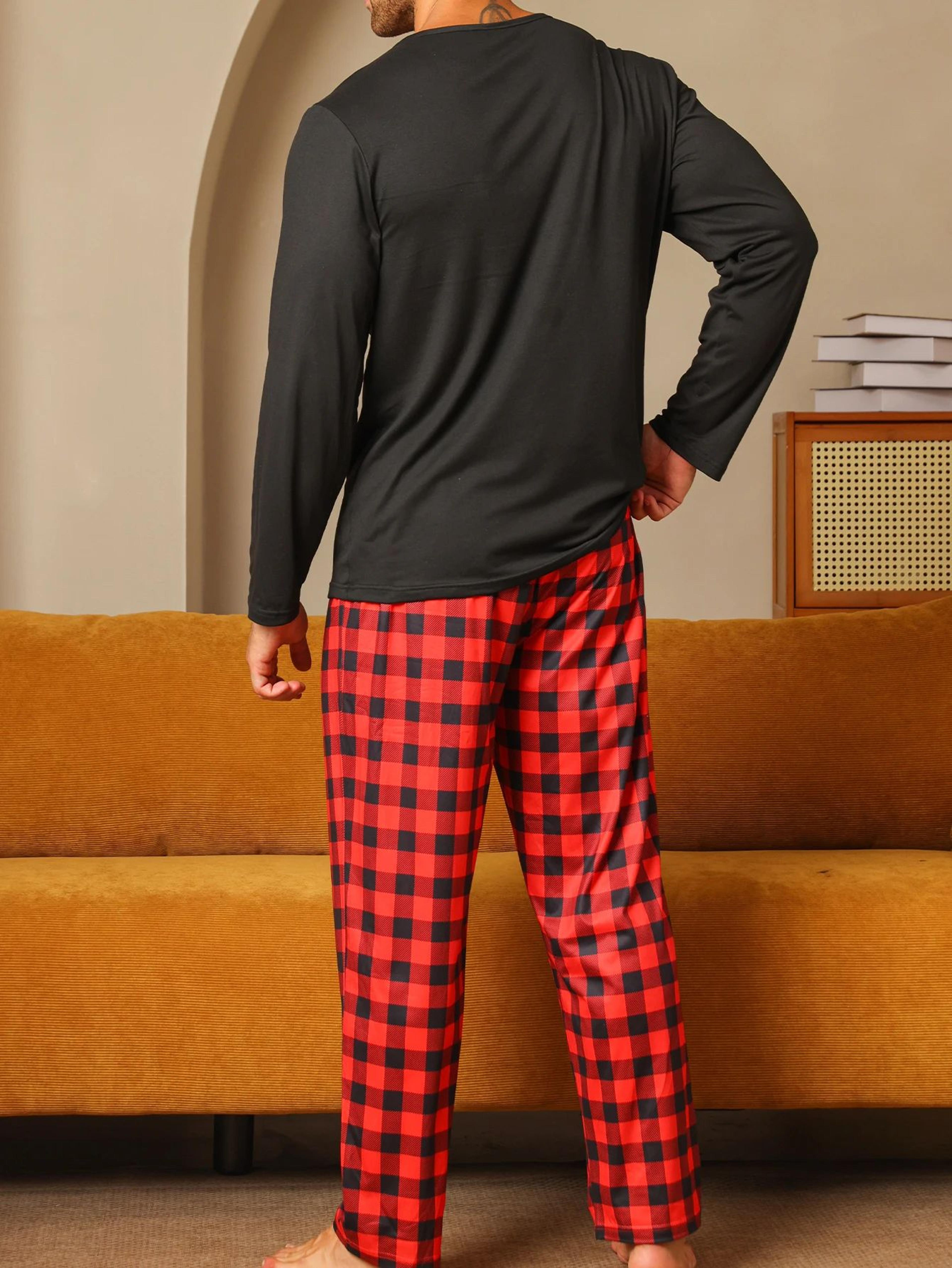 Mens Cotton Plaid Pajama Set  Warm Long Sleeve Winter Sleepwear 2