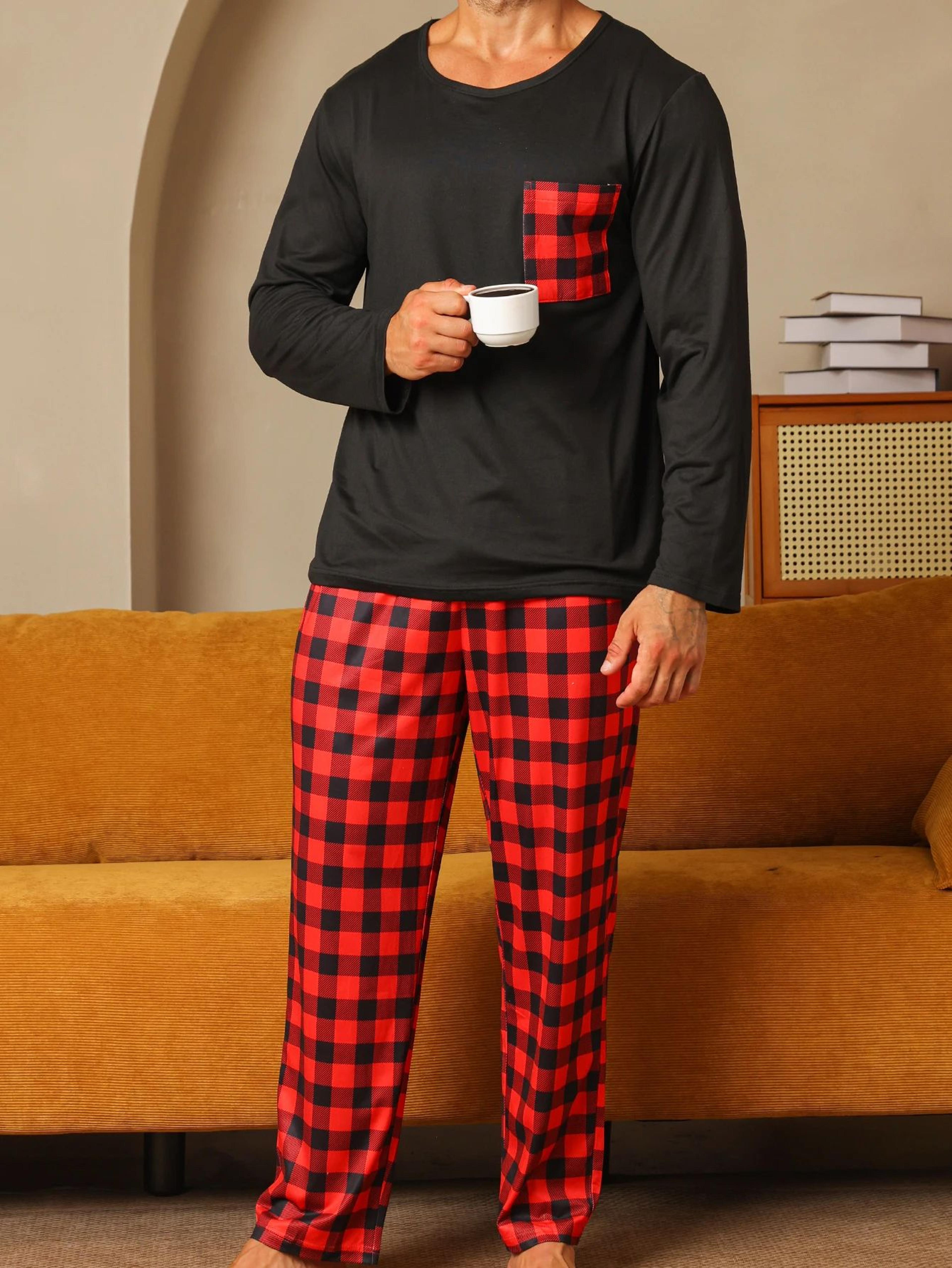 Mens Cotton Plaid Pajama Set  Warm Long Sleeve Winter Sleepwear 3