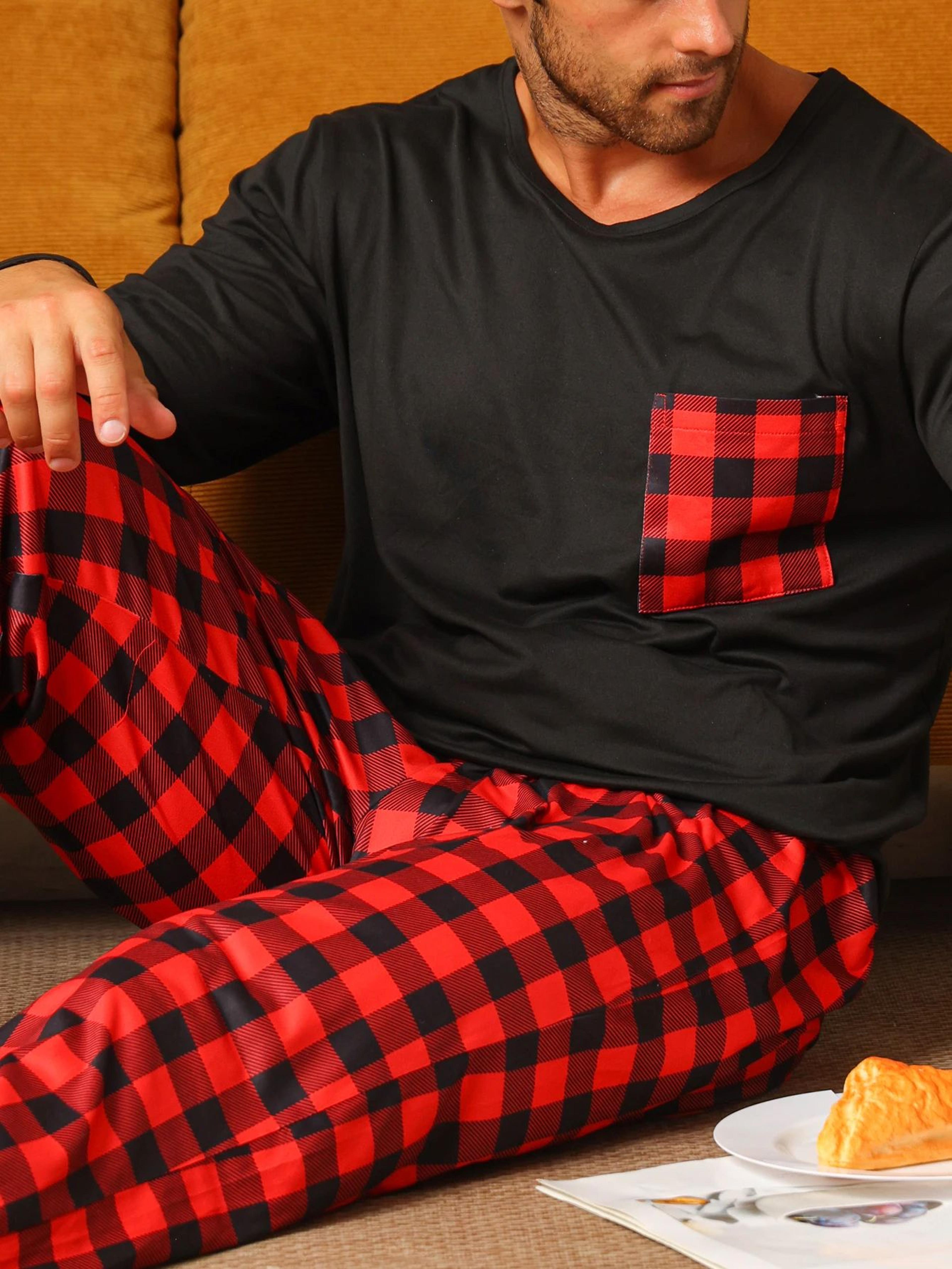 Mens Cotton Plaid Pajama Set  Warm Long Sleeve Winter Sleepwear 5