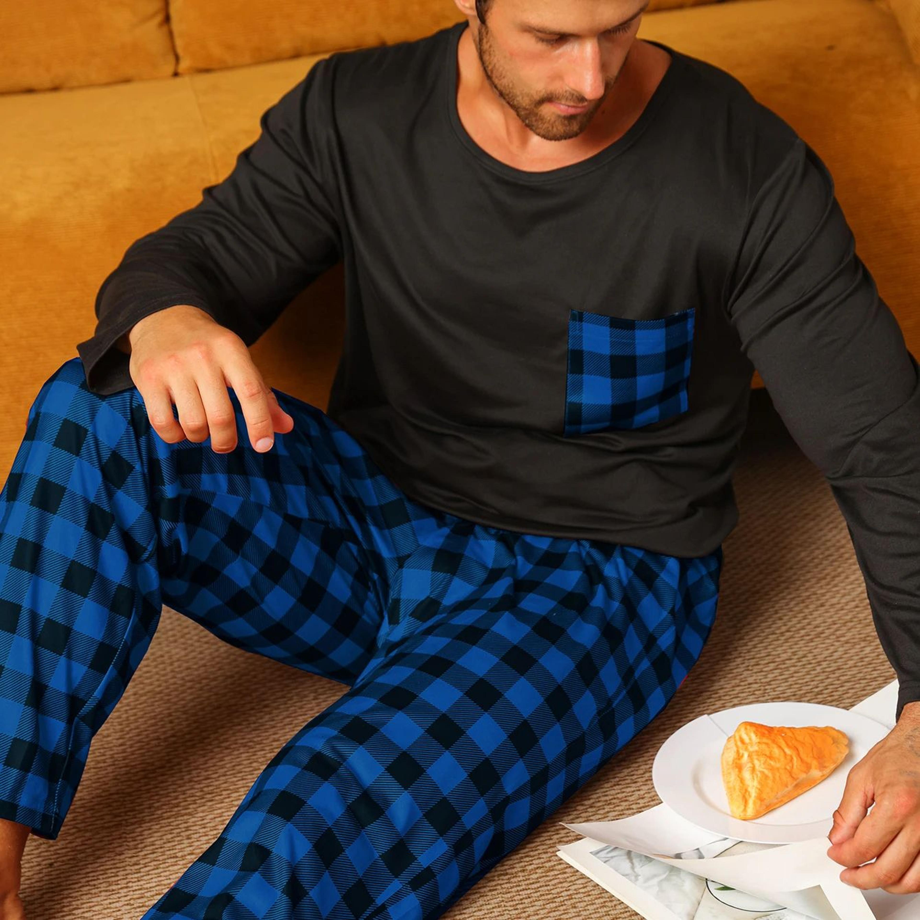 Mens Cotton Plaid Pajama Set  Warm Long Sleeve Winter Sleepwear 9