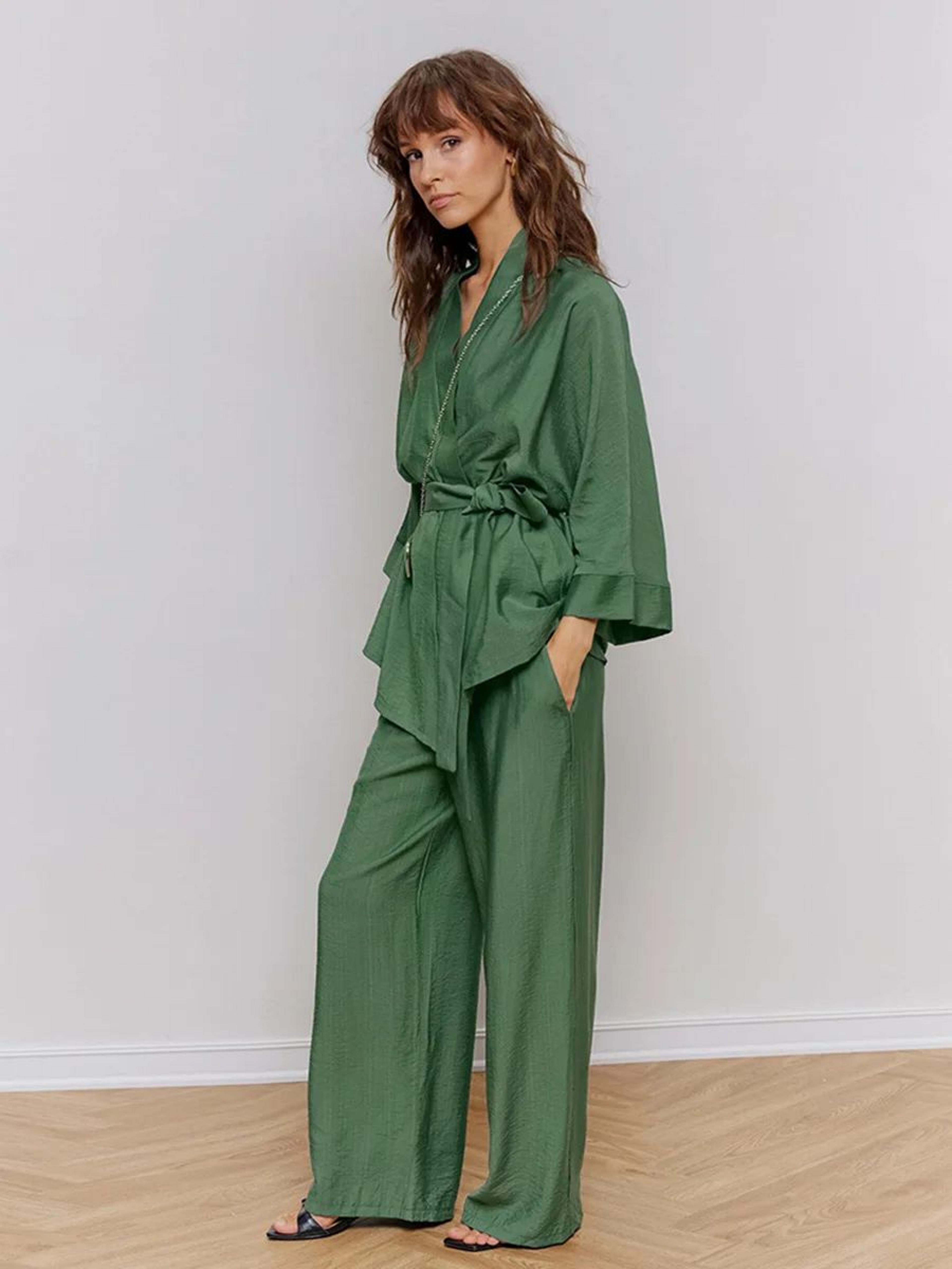 premium autumn green womens pajama set - soft long sleeve pajama set with lace-up top & loose lounge pants
