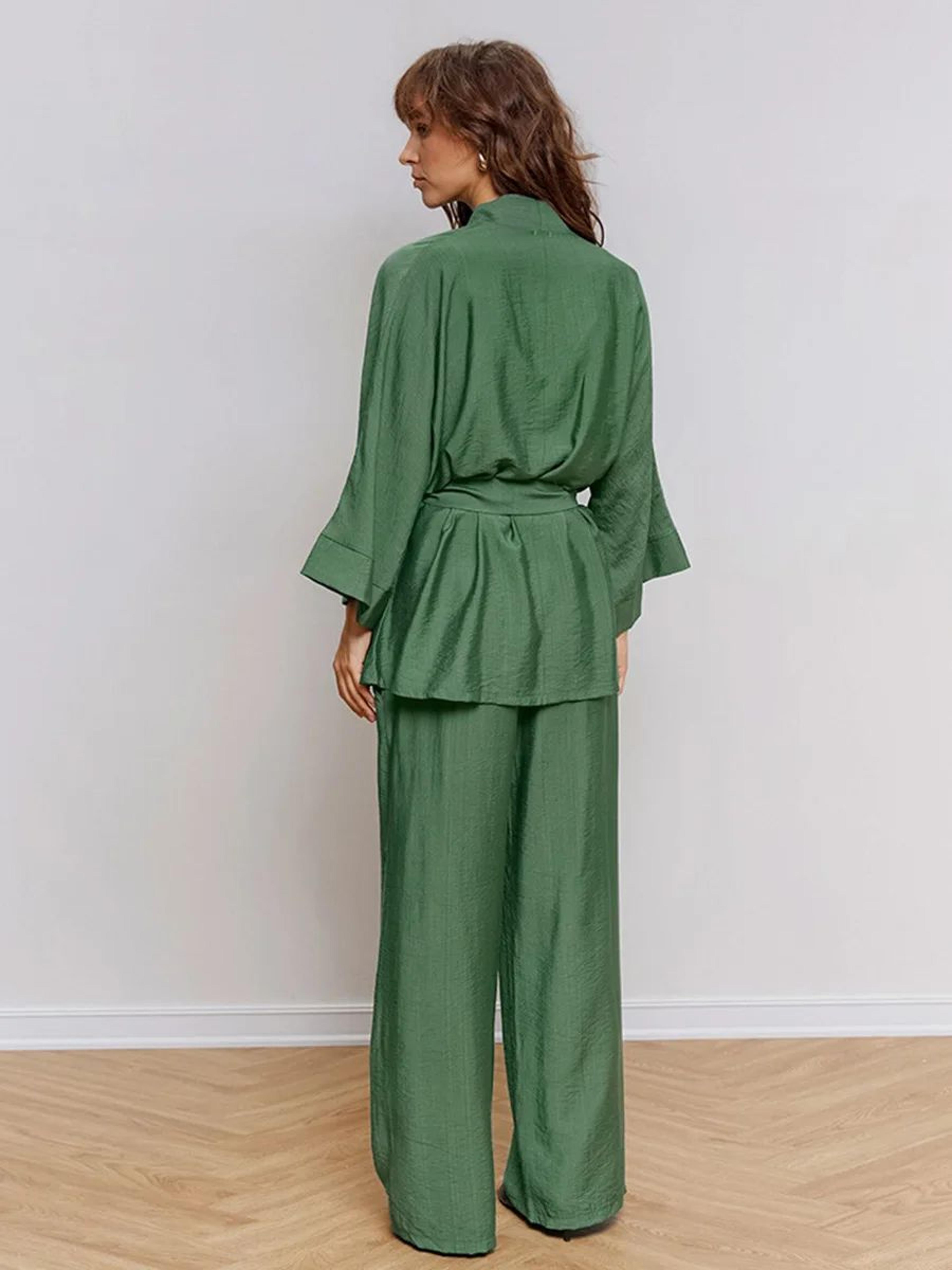 Premium Autumn Green Womens Pajama Set  Soft Long Sleeve Pajama Set With LaceUp Top  Loose Lounge P 1