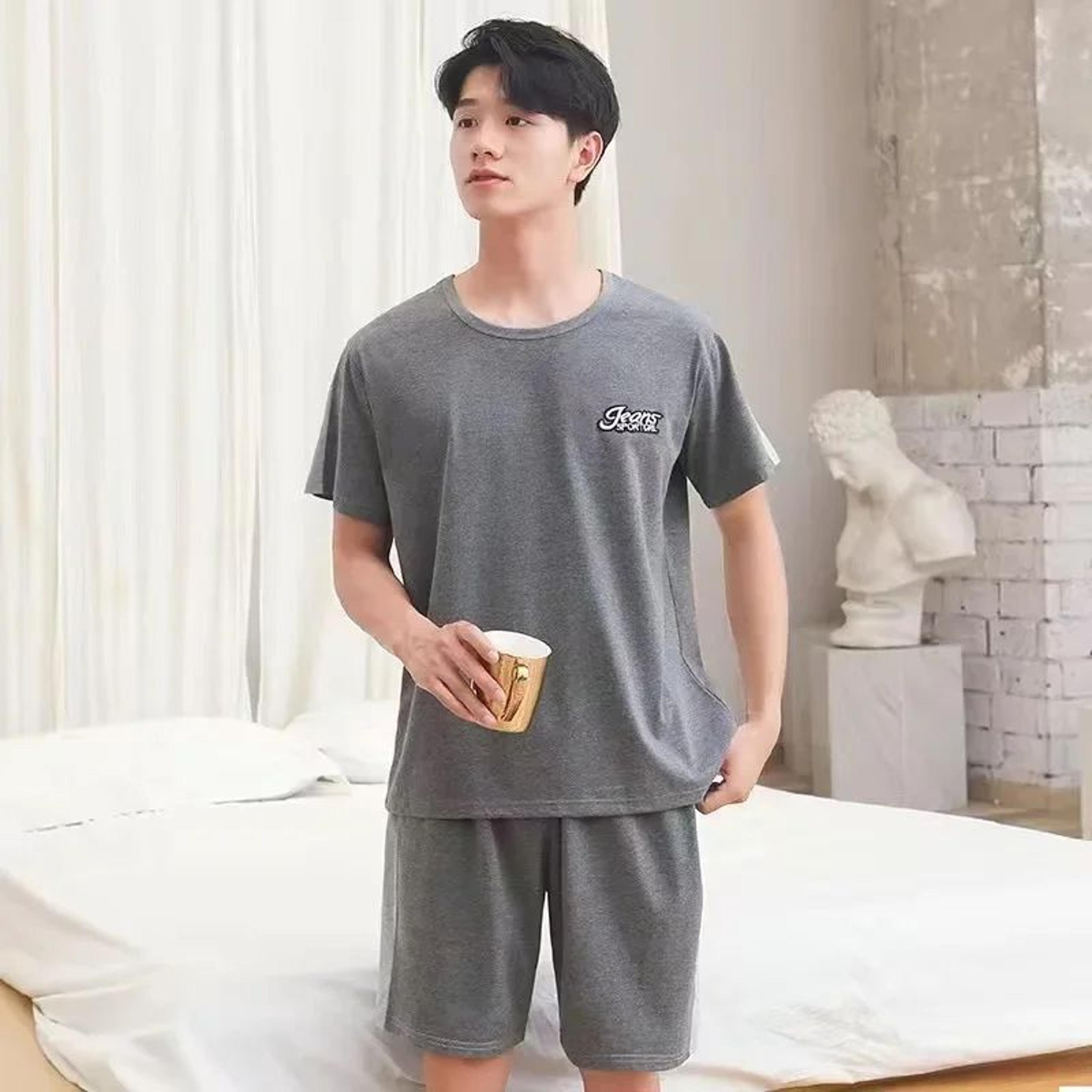 mens breathable cotton pajama set – striped short sleeve & shorts summer loungewear