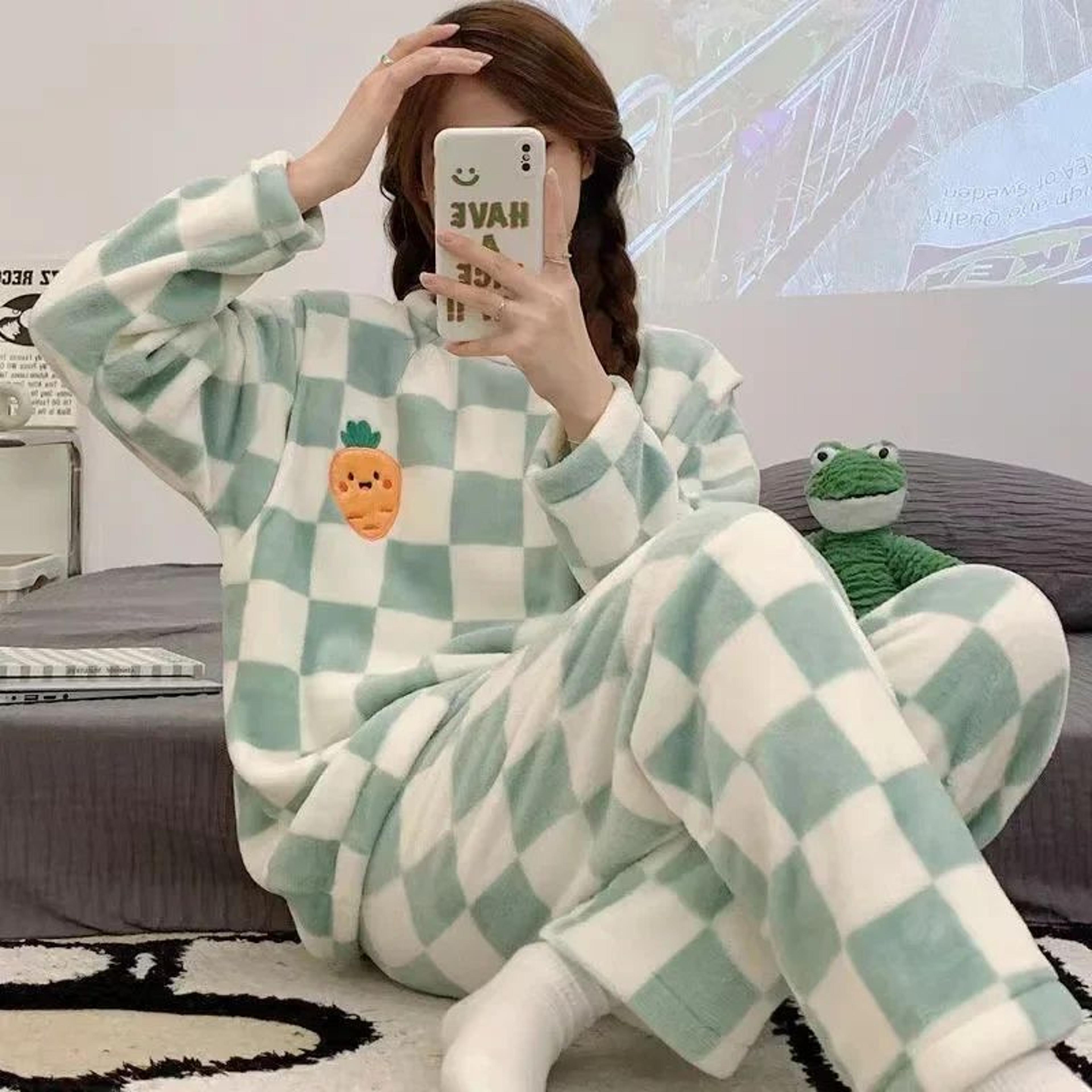 CozyCloud Plus Size Coral Fleece Pajama Set For Women  Warm Winter Sleepwear With Plaid Pants 3