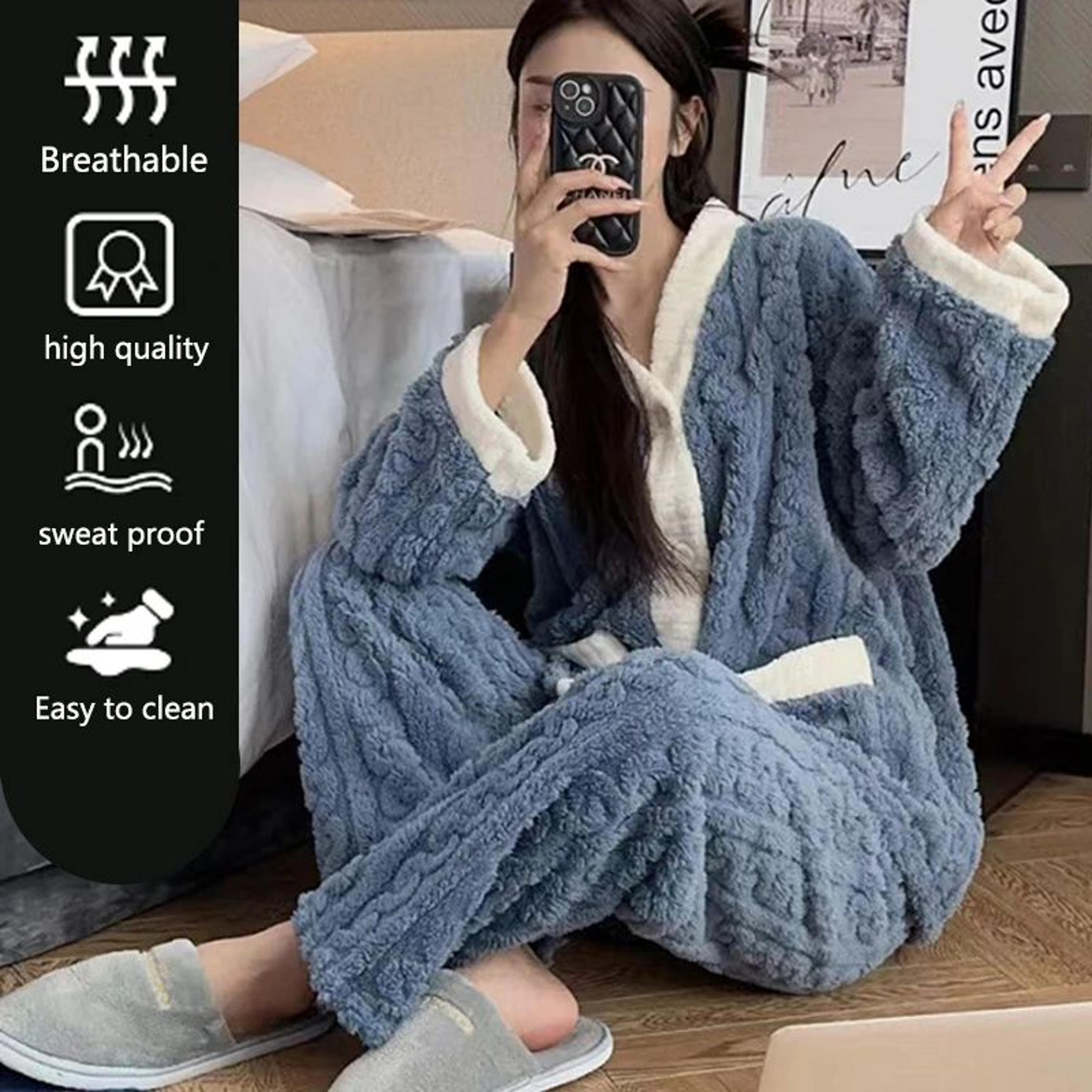 CozyCloud Womens Fleece Pajama Set  Thick Coral Velvet Winter Loungewear With Cardigan  Trousers 3