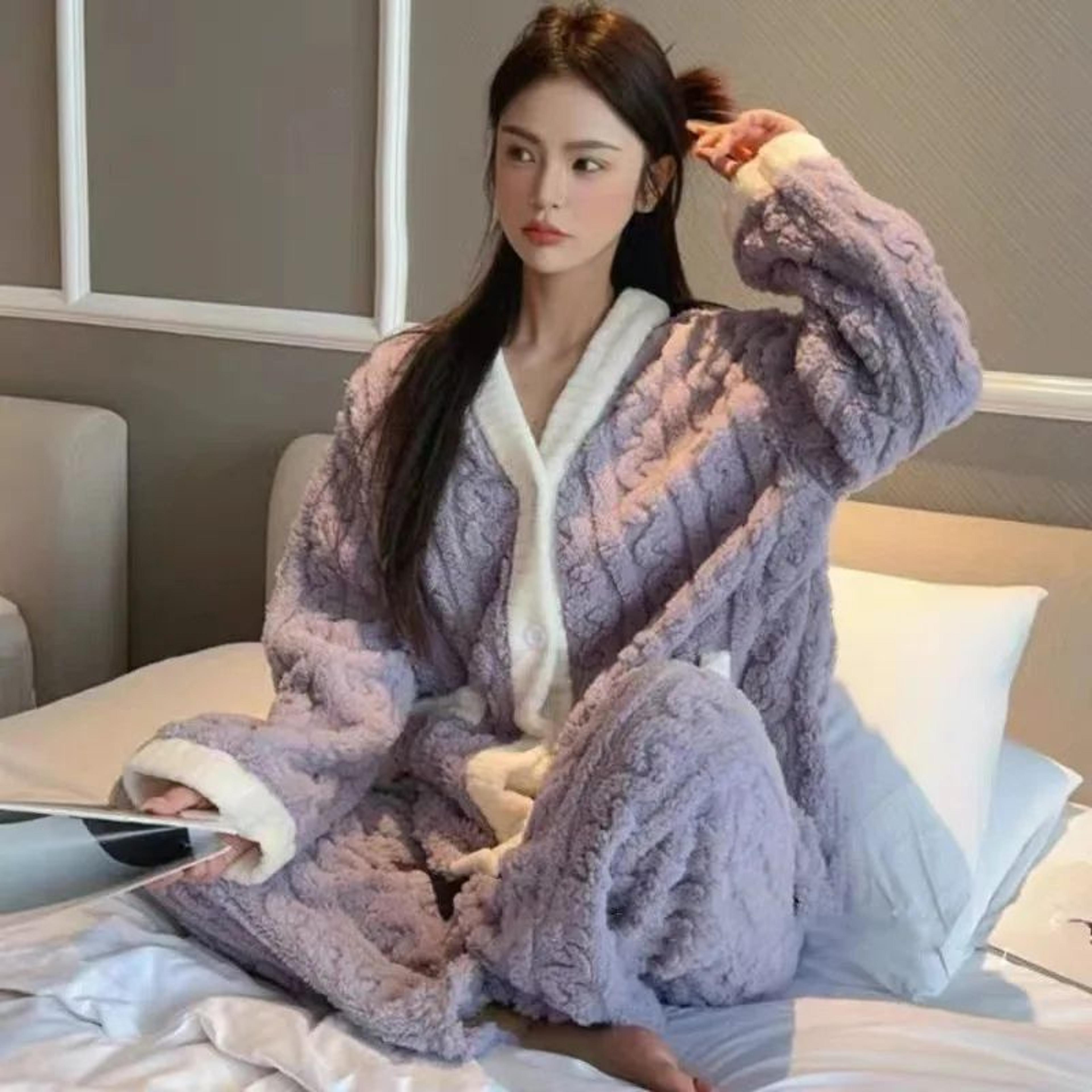 CozyCloud Womens Fleece Pajama Set  Thick Coral Velvet Winter Loungewear With Cardigan  Trousers 5