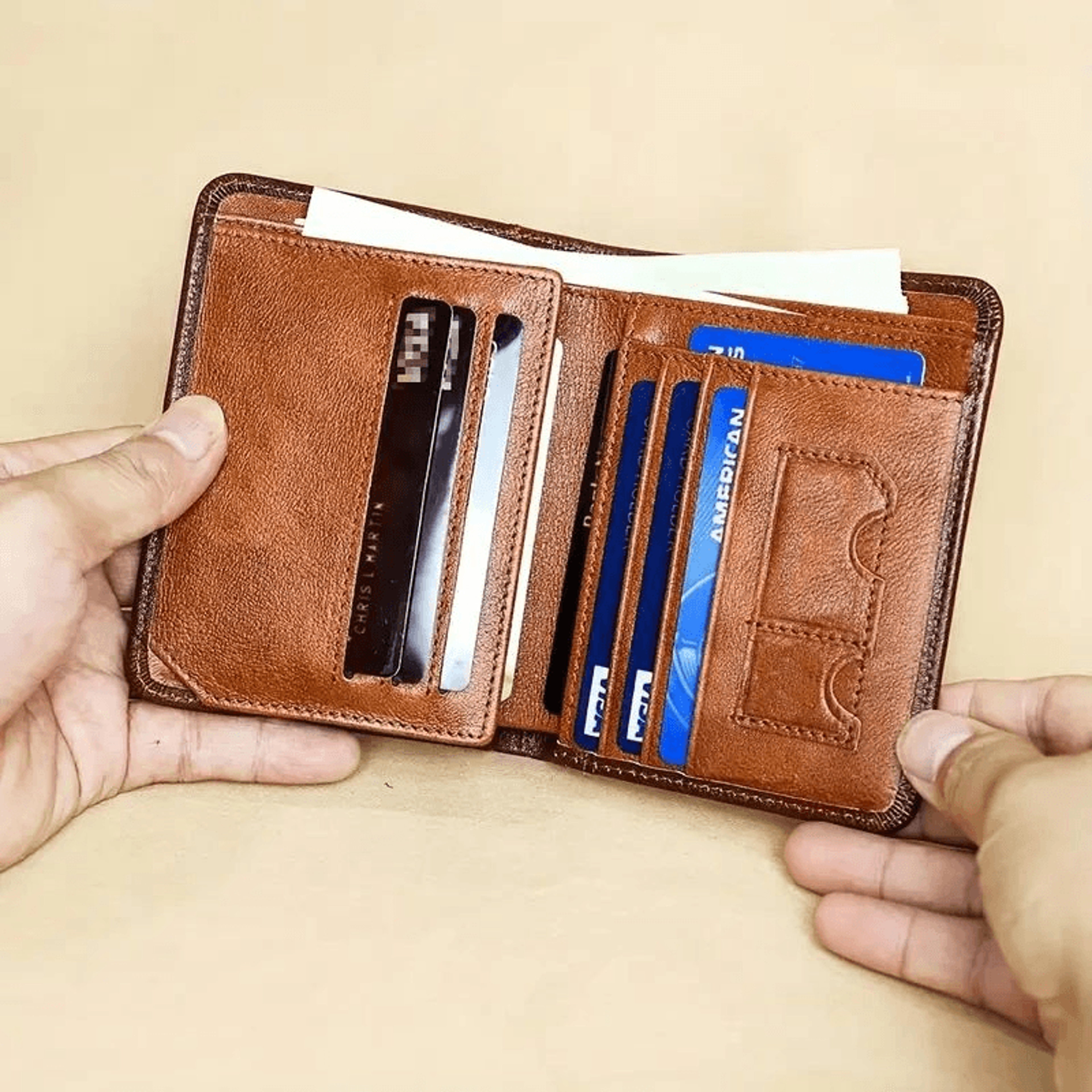 Mens Genuine Leather Wallet RFID Anti Theft Large Capacity Trifold Fashion Card Holder With Photo P