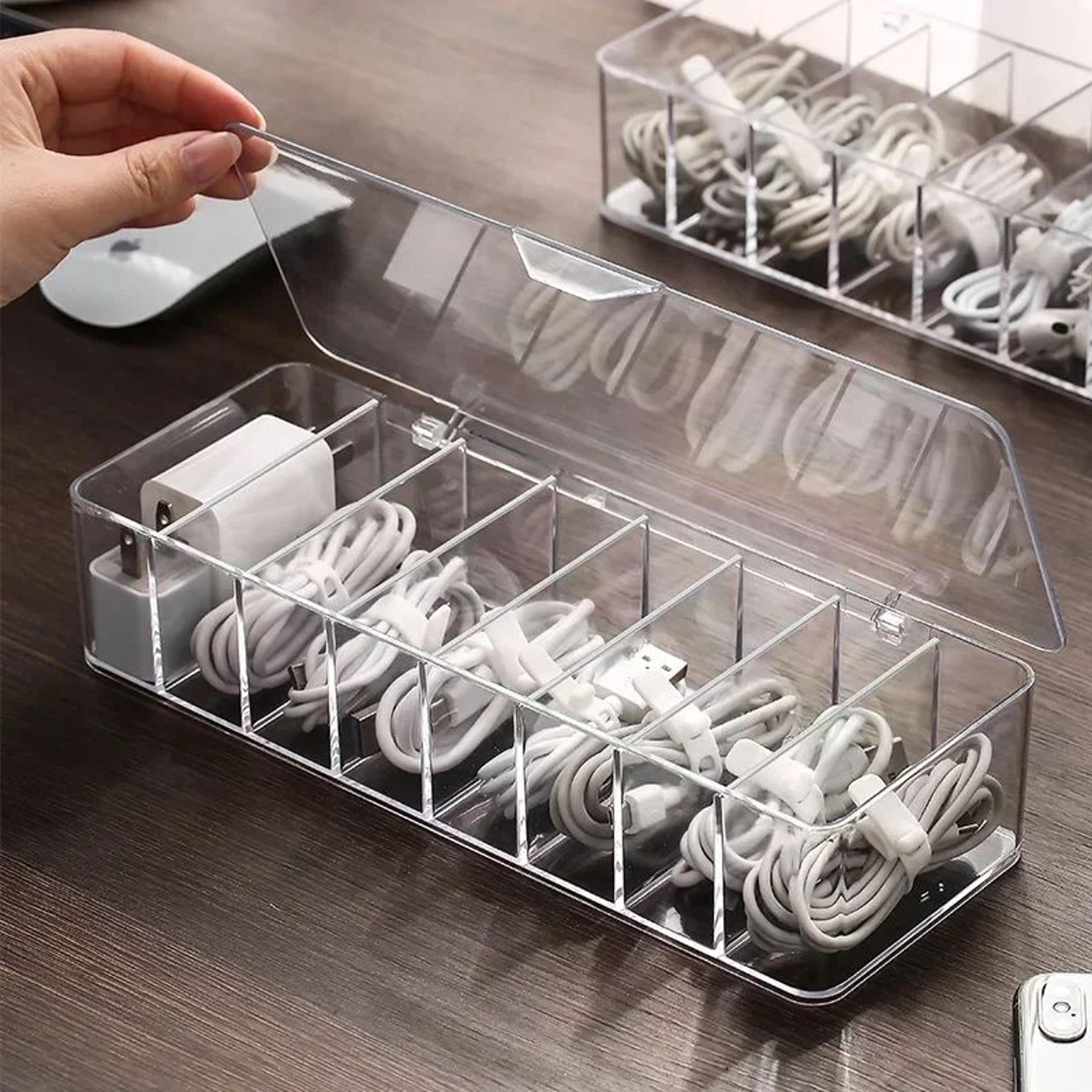 transparent divided grid cable organizer box for charging cords & accessories