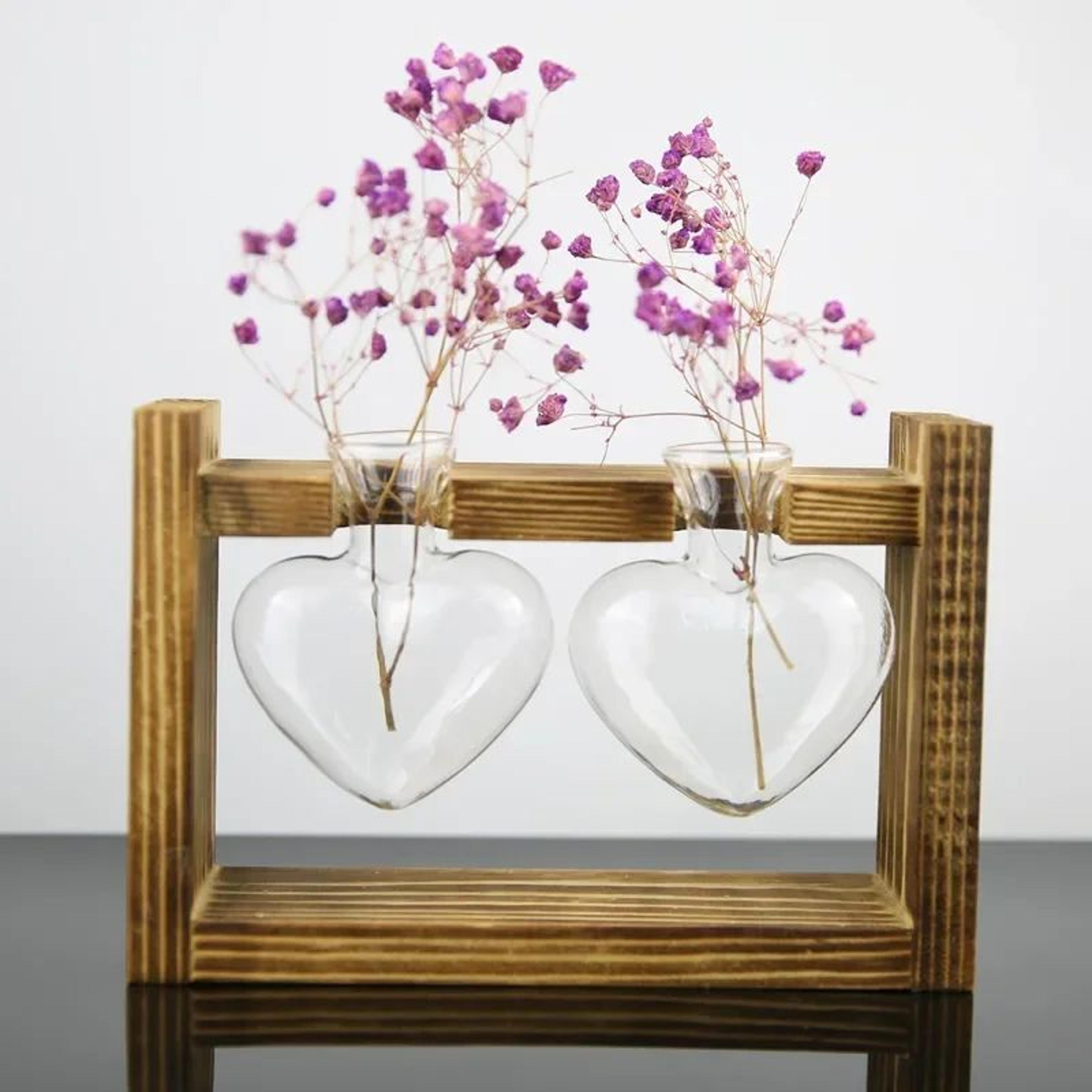 Heart Frame Hydroponic Plant Vase  Vintage Wooden Glass Tabletop Flower Vase For Modern Home Decor 5