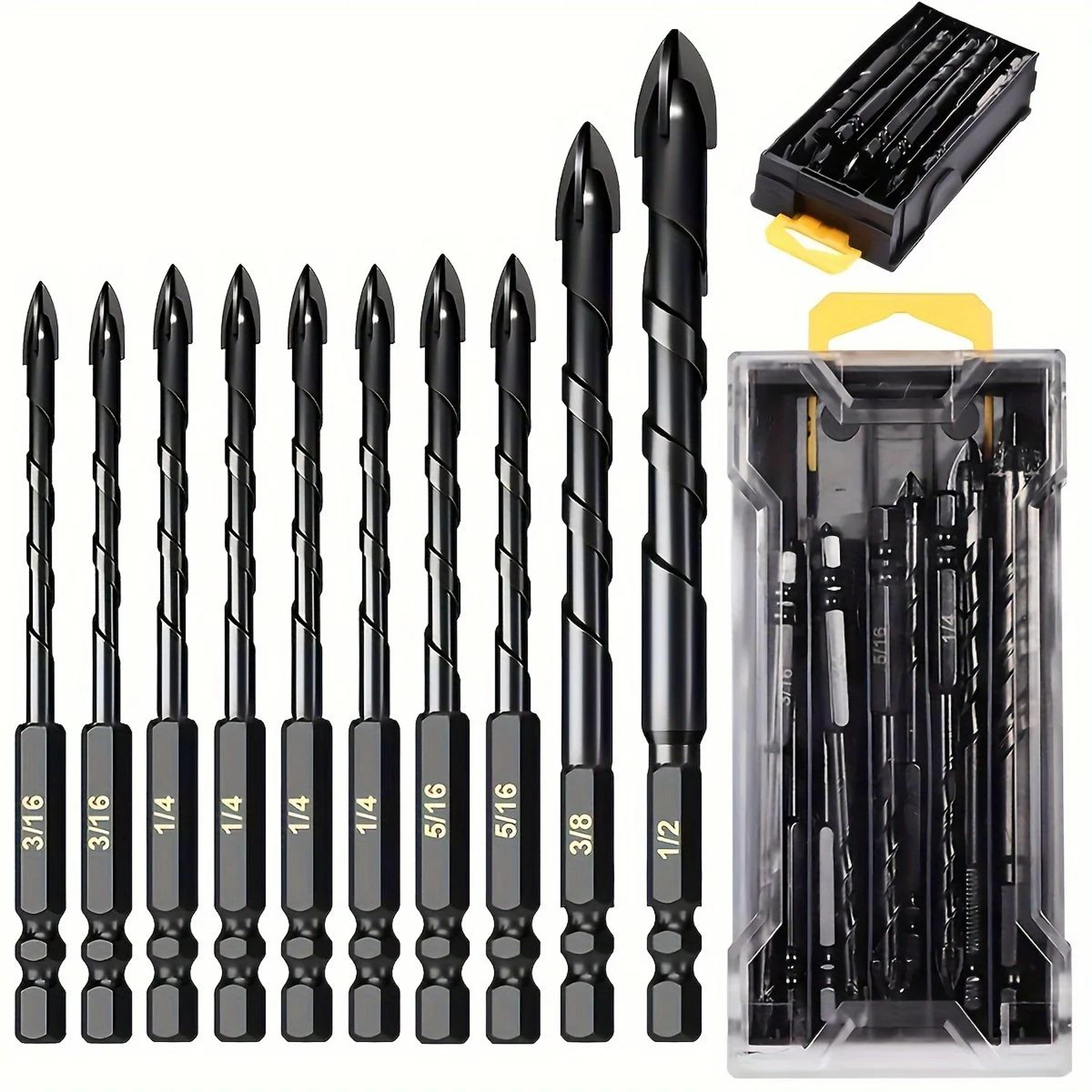 10-piece tungsten carbide masonry & glass drill bit set for tile, brick, wood & plastic