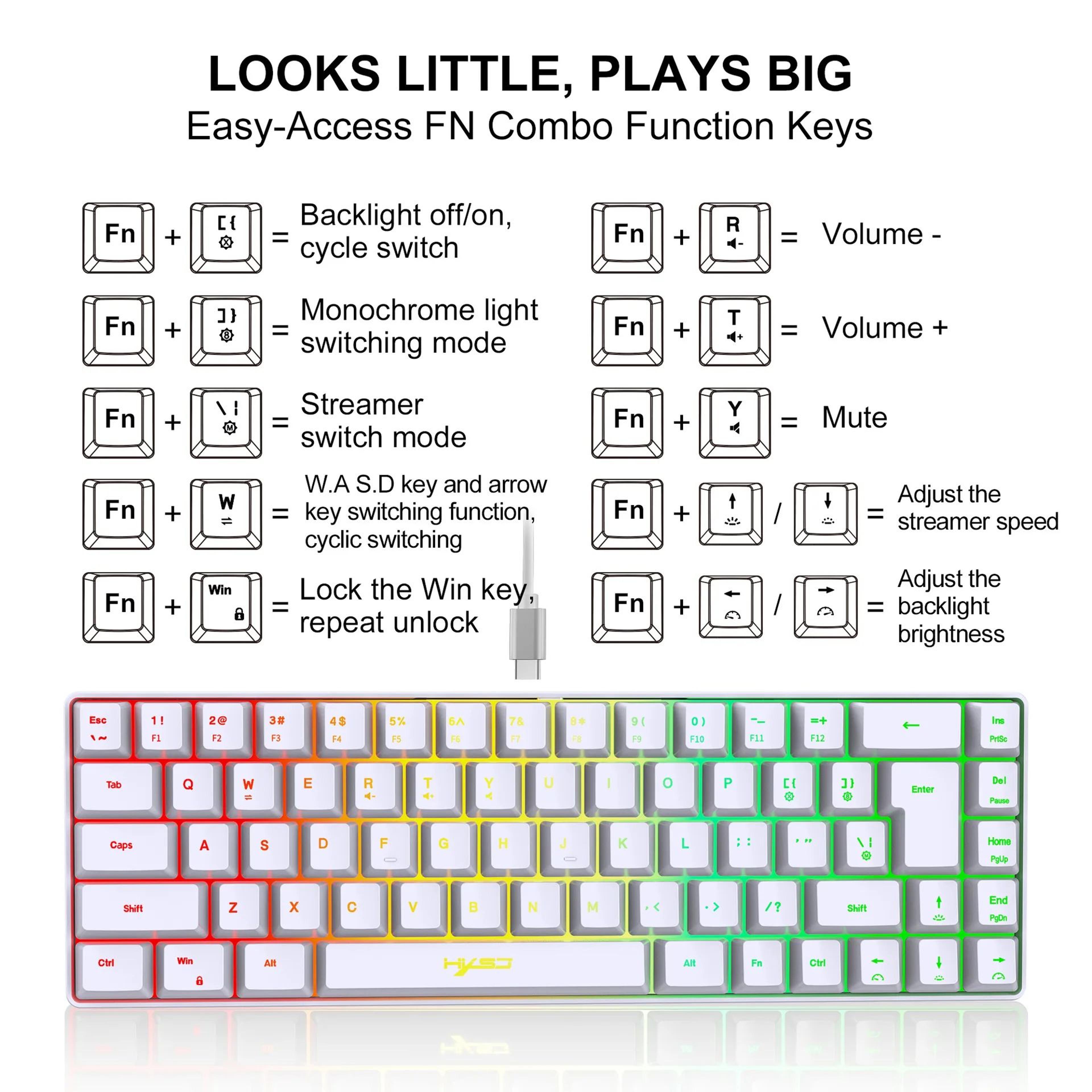 60 Compact RGB Backlit Keyboard  68Key Portable Wired Mini Keyboard For Gaming  Office 4