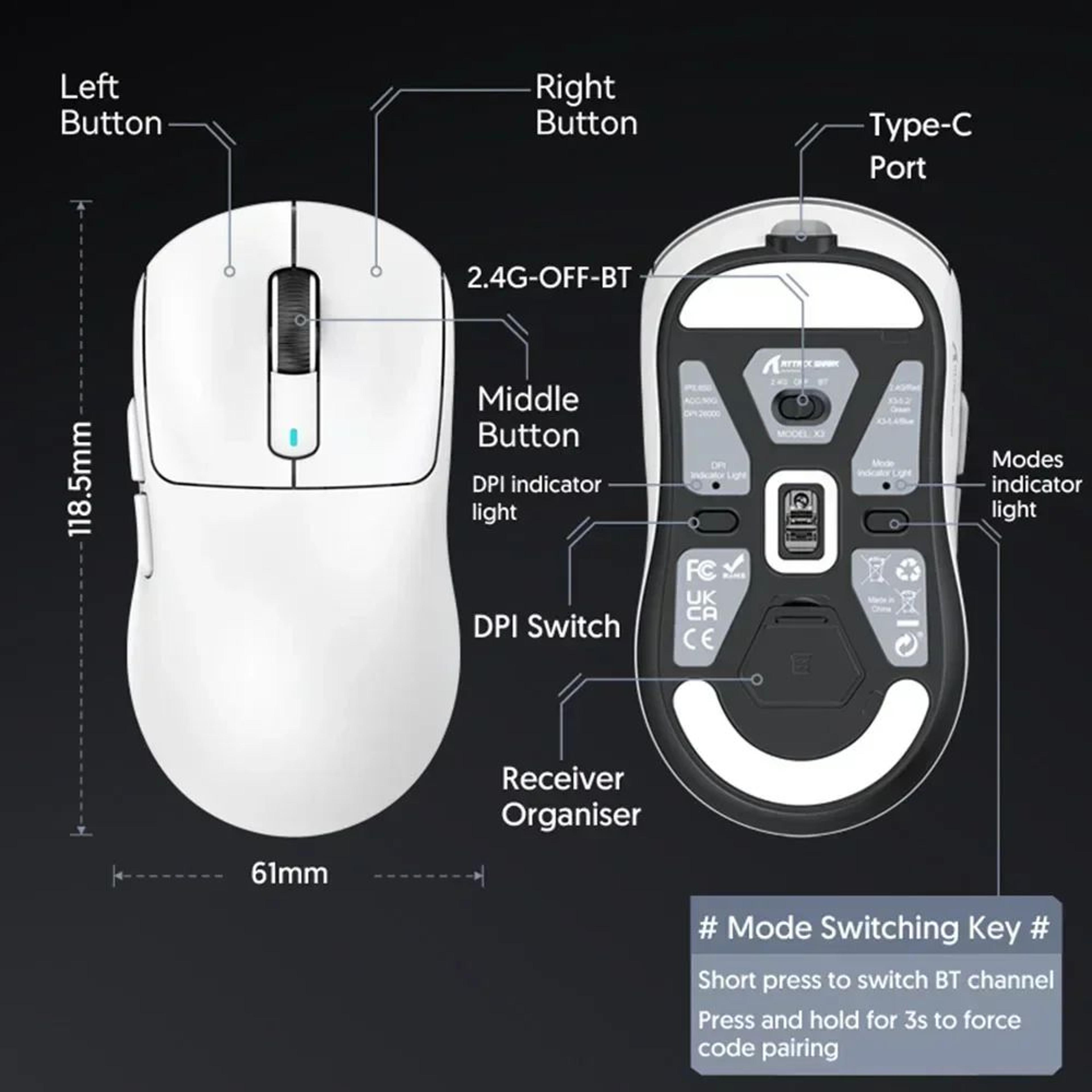 Attack Shark X3 Ultralight Wireless Gaming Mouse  PAW3395 TriMode 26K DPI Precision 5