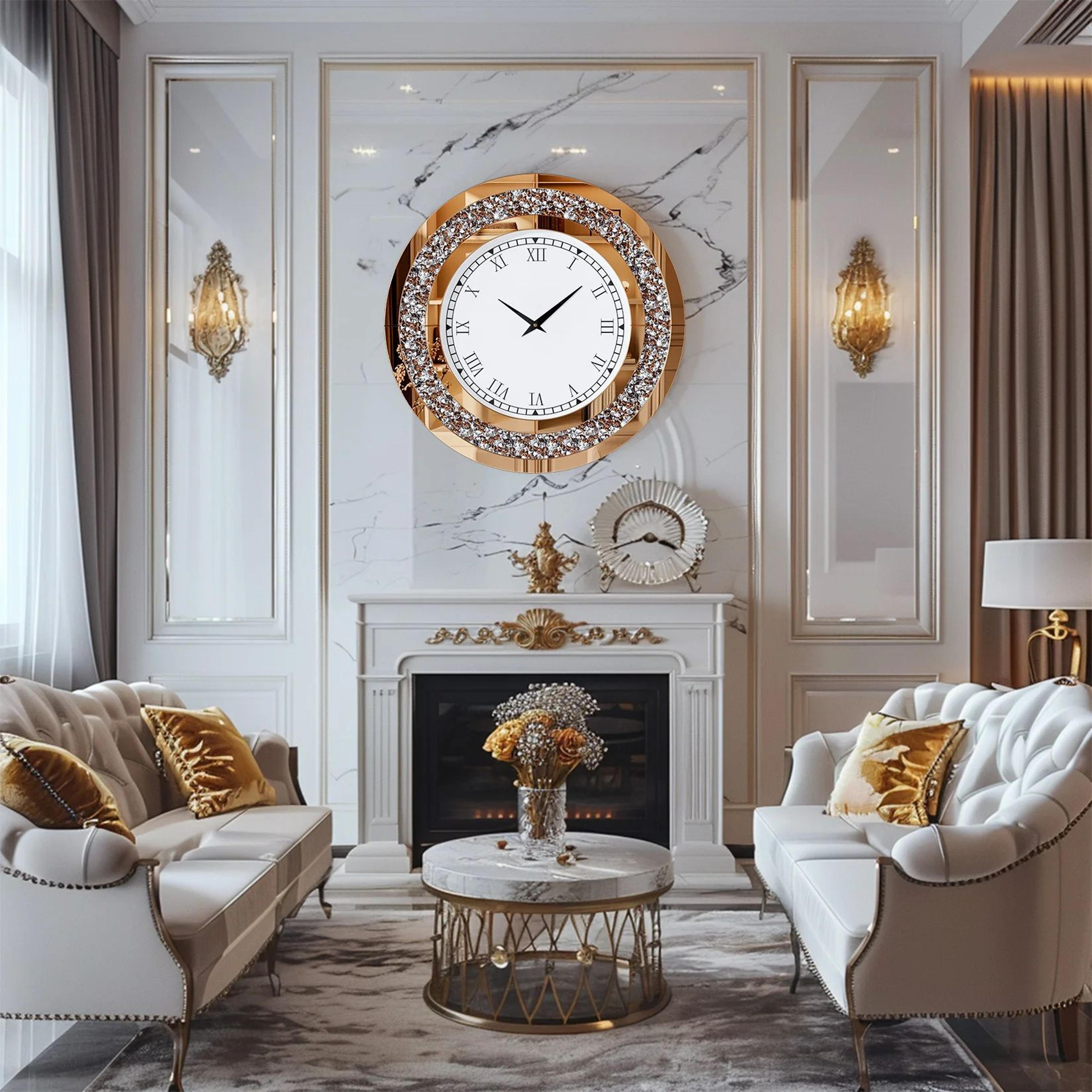 24-inch mirrored wall clock with crushed diamond sparkle, roman numerals and silver tawny finish
