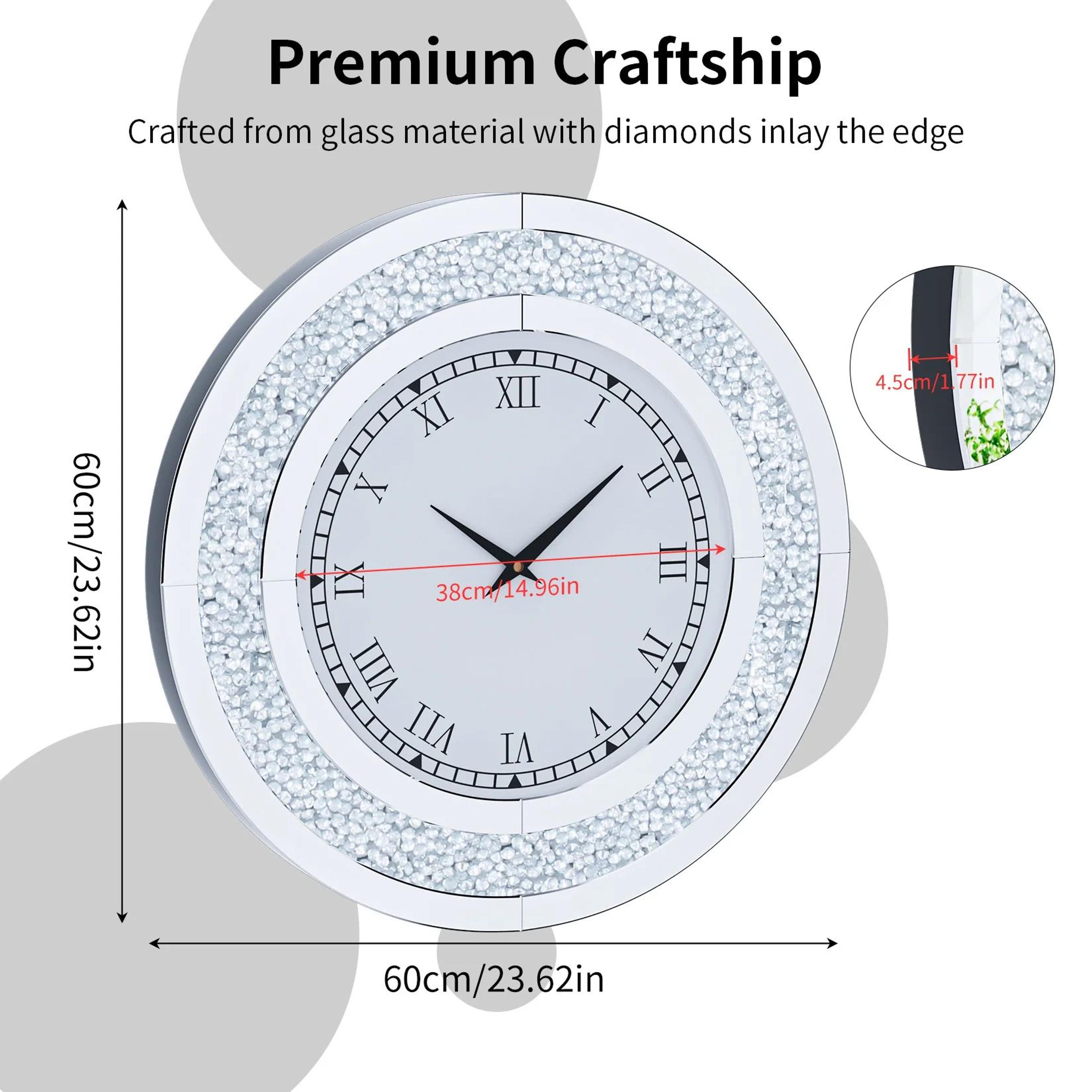 24Inch Mirrored Wall Clock With Crushed Diamond Sparkle Roman Numerals And Silver Tawny Finish 5