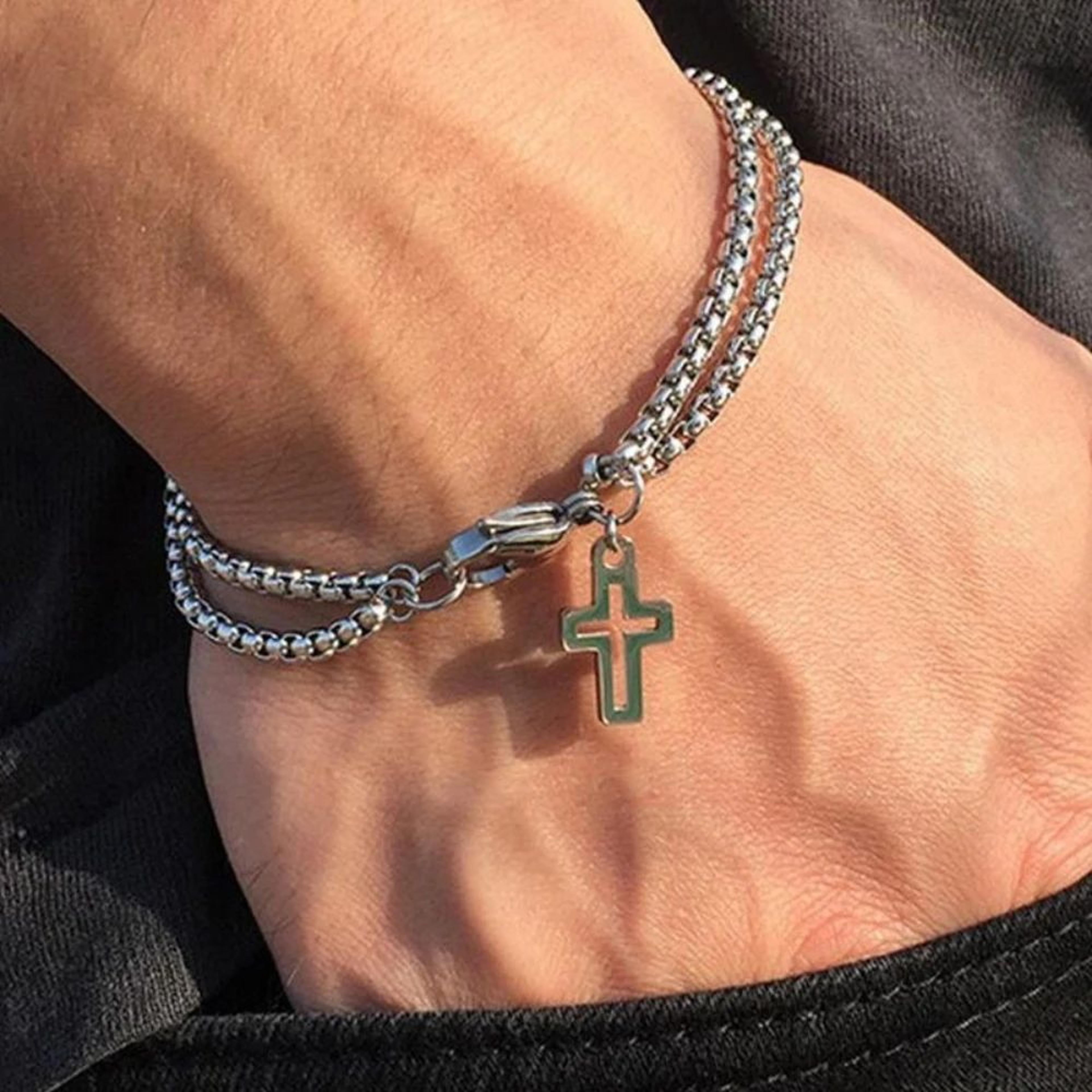 retro cross double chain stainless steel bracelet for men & women