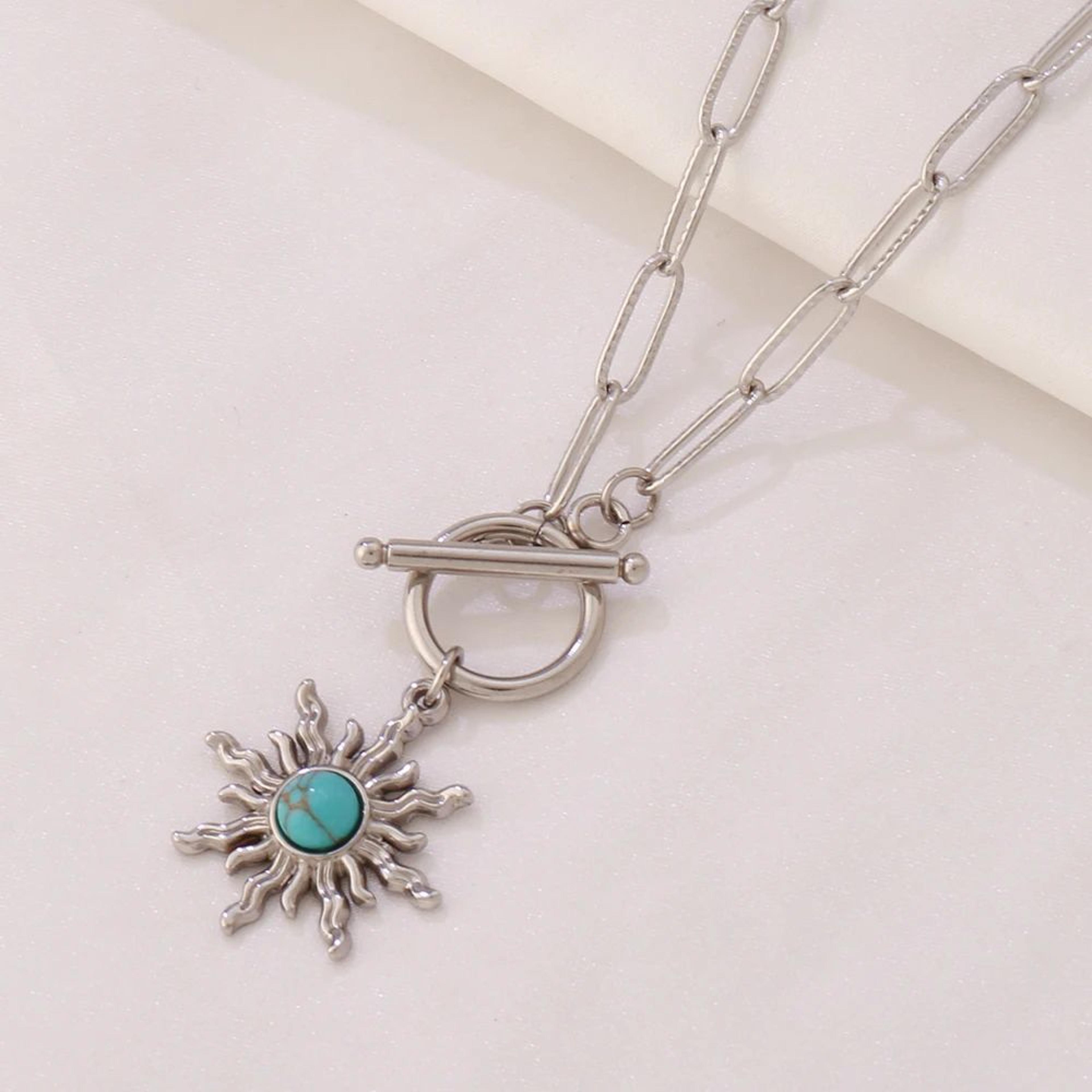 Celestial Turquoise Sun Pendant Necklace  Gold Stainless Steel Sun Pendant Necklace For Women 1