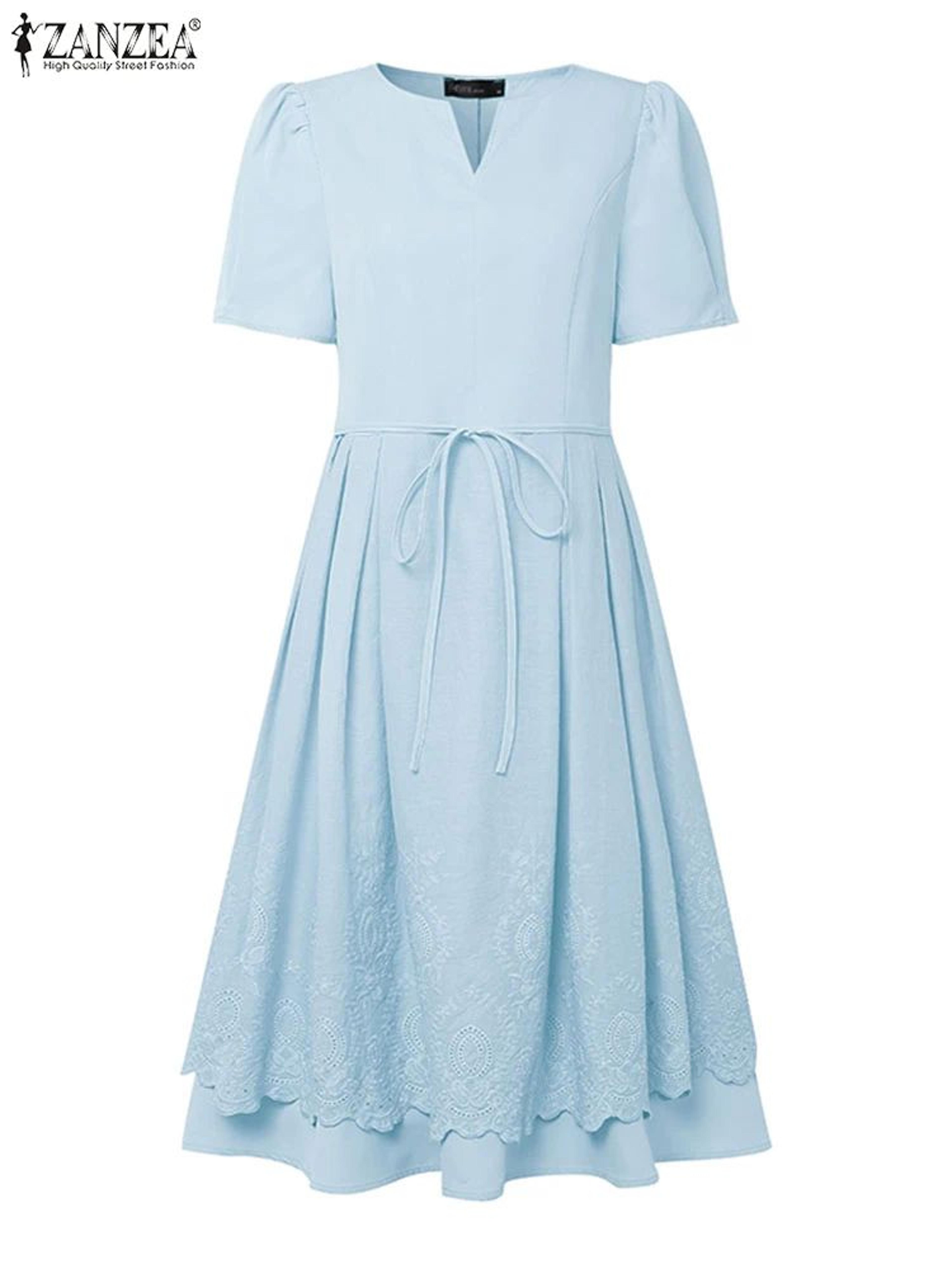 ZANZEA Lace Patchwork Summer Midi Dress With Puff Sleeves  Elegant Casual Sundress For Women 4