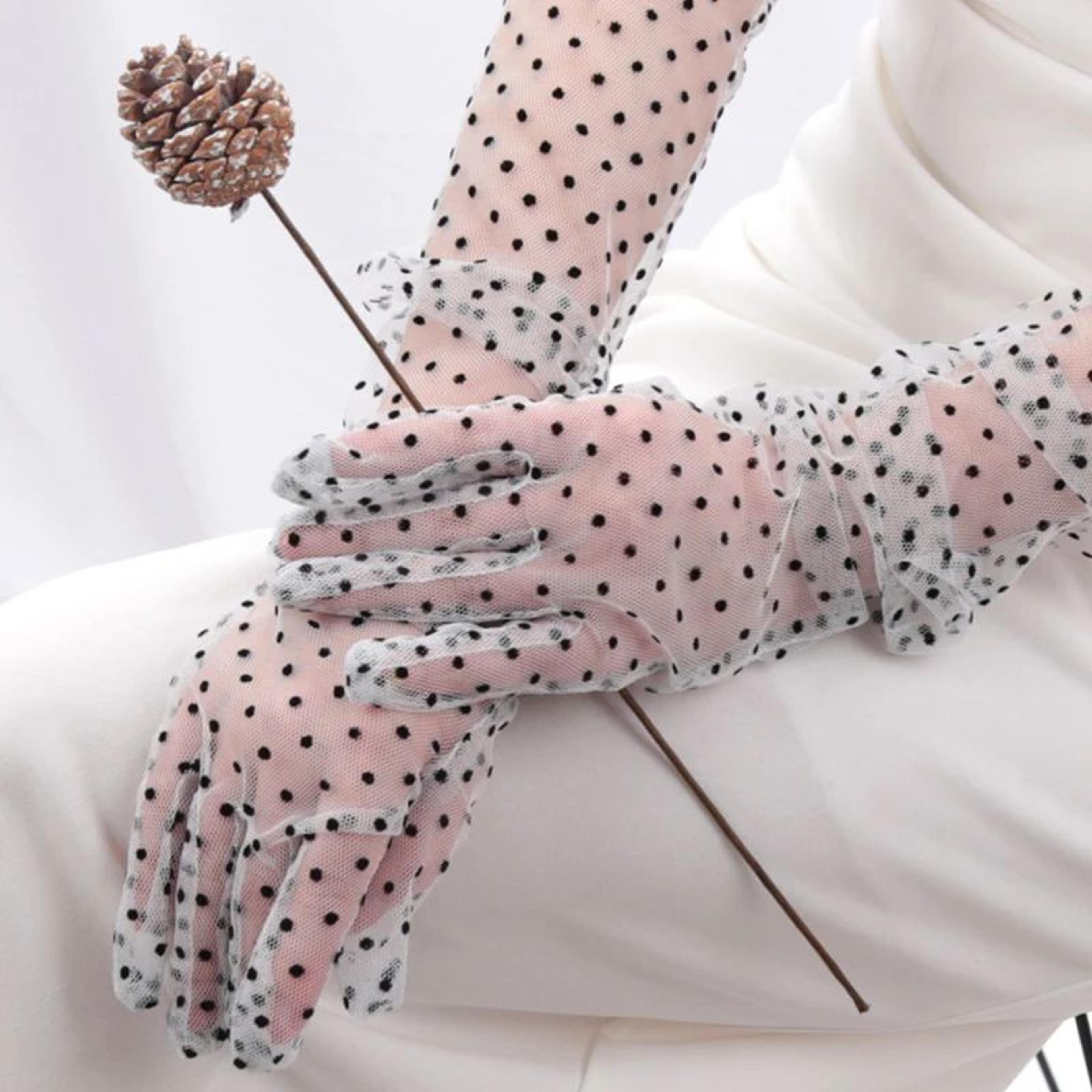 Elegant Black Lace Bridal Gloves For Women Long Mesh Polka Dot Tulle 1