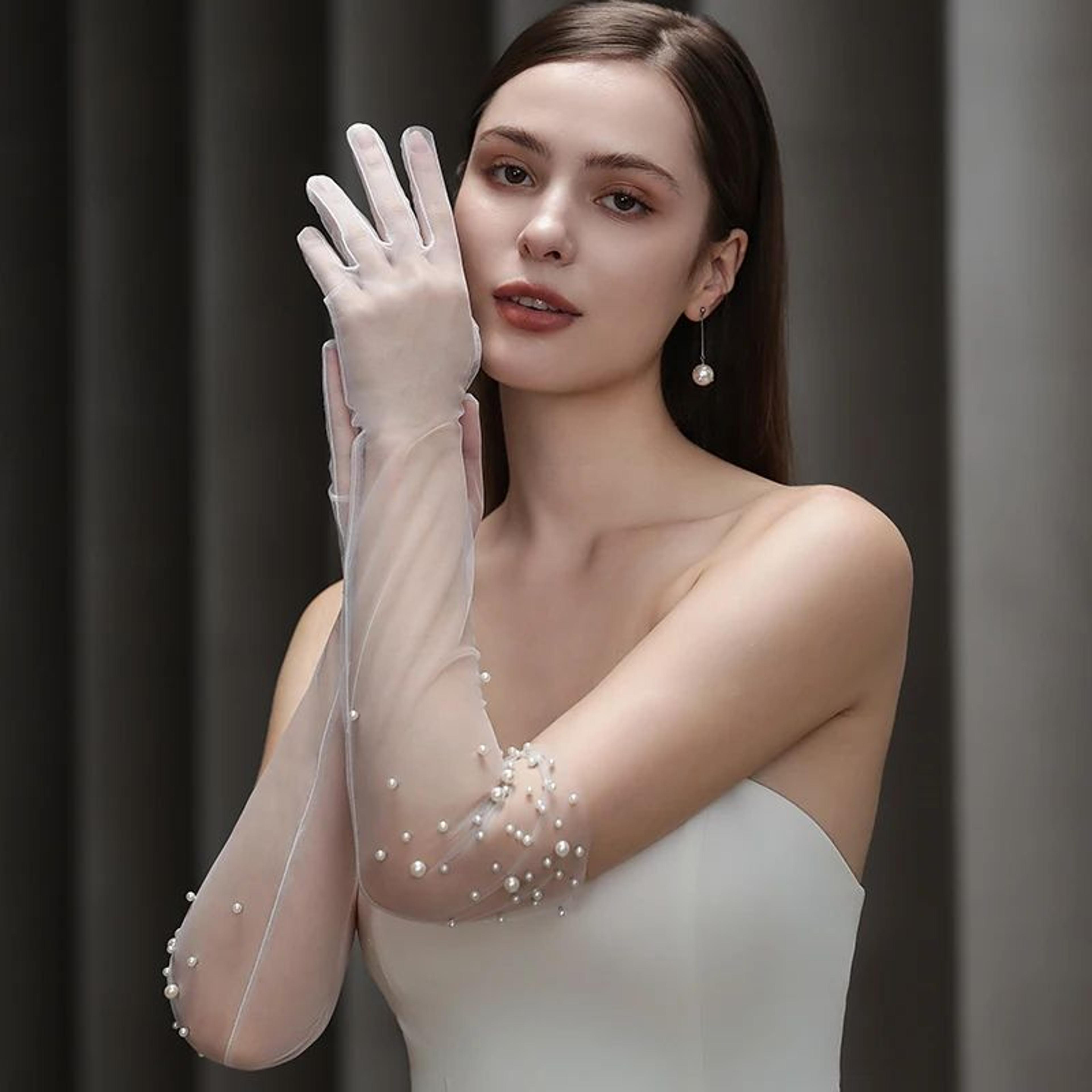 Pearl Beaded Bridal Gloves  Opera Length Tulle Wedding Gloves For Brides 3