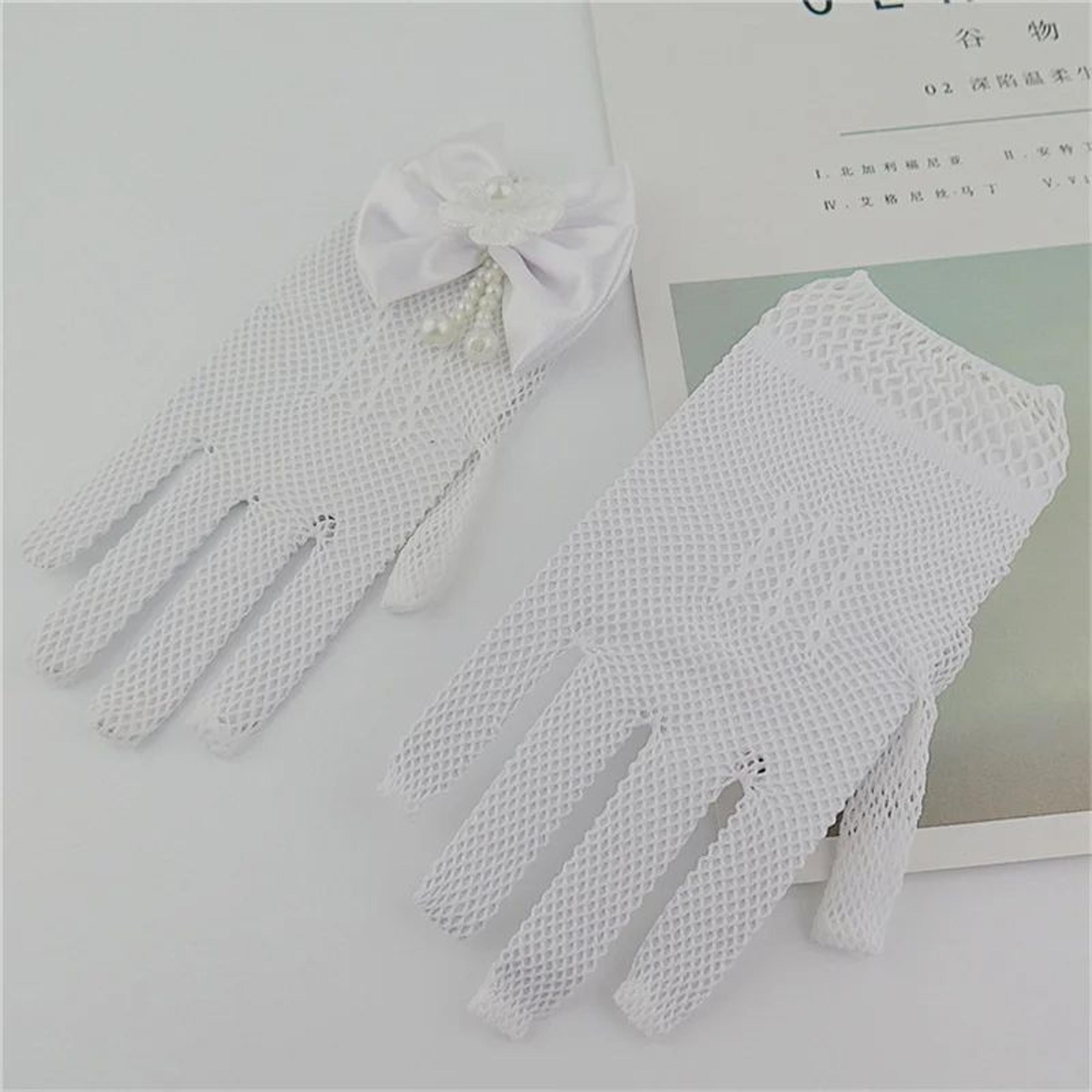 Girls White Lace Flower Girl Gloves With Pearl Bow For Communion  Wedding 5