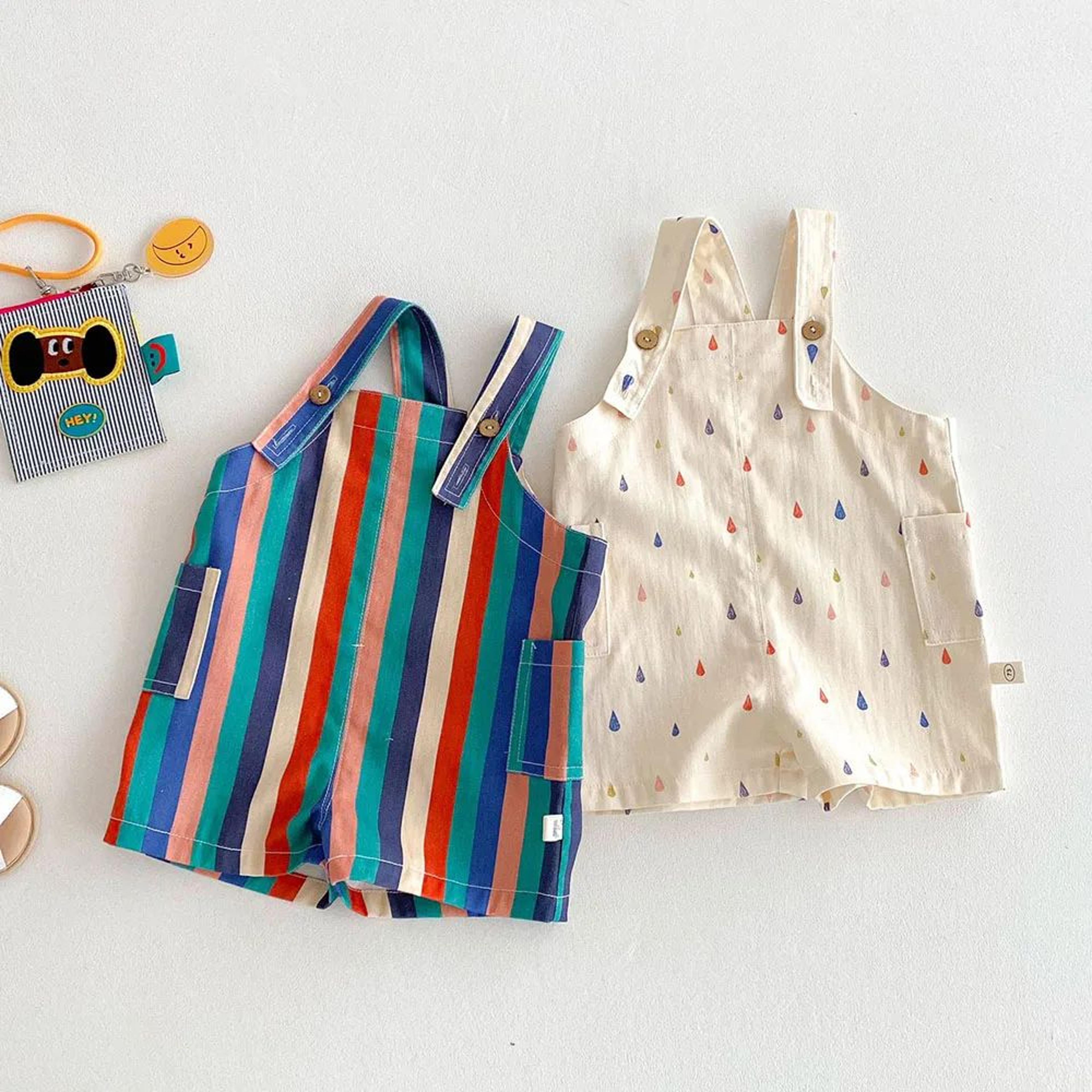 colorful striped girls summer jumpsuit with raindrop print – lightweight toddler overalls outfit