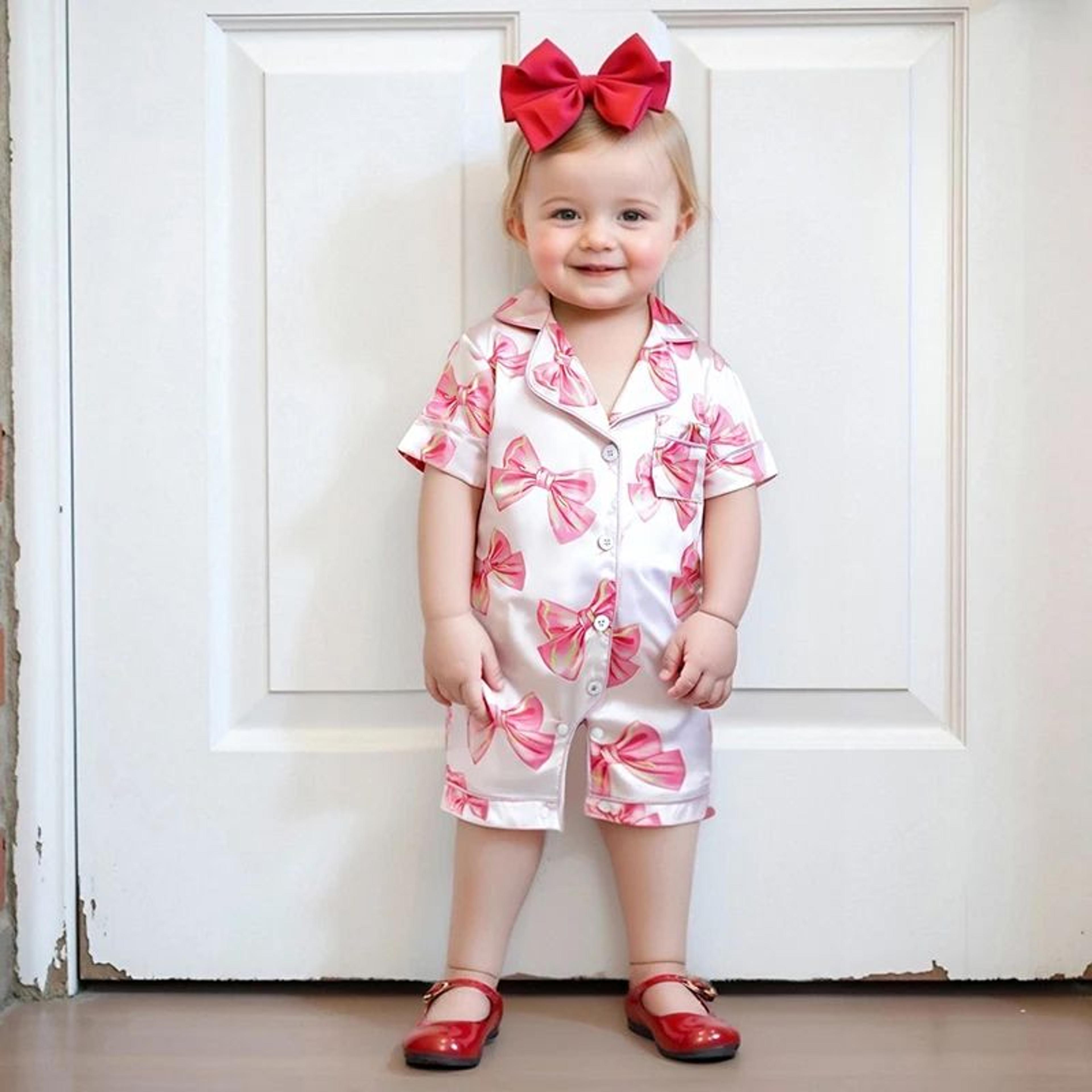Princess Bow Satin Toddler Pajama Set  Soft ButtonUp Baby Girl Sleepwear With Shorts 3
