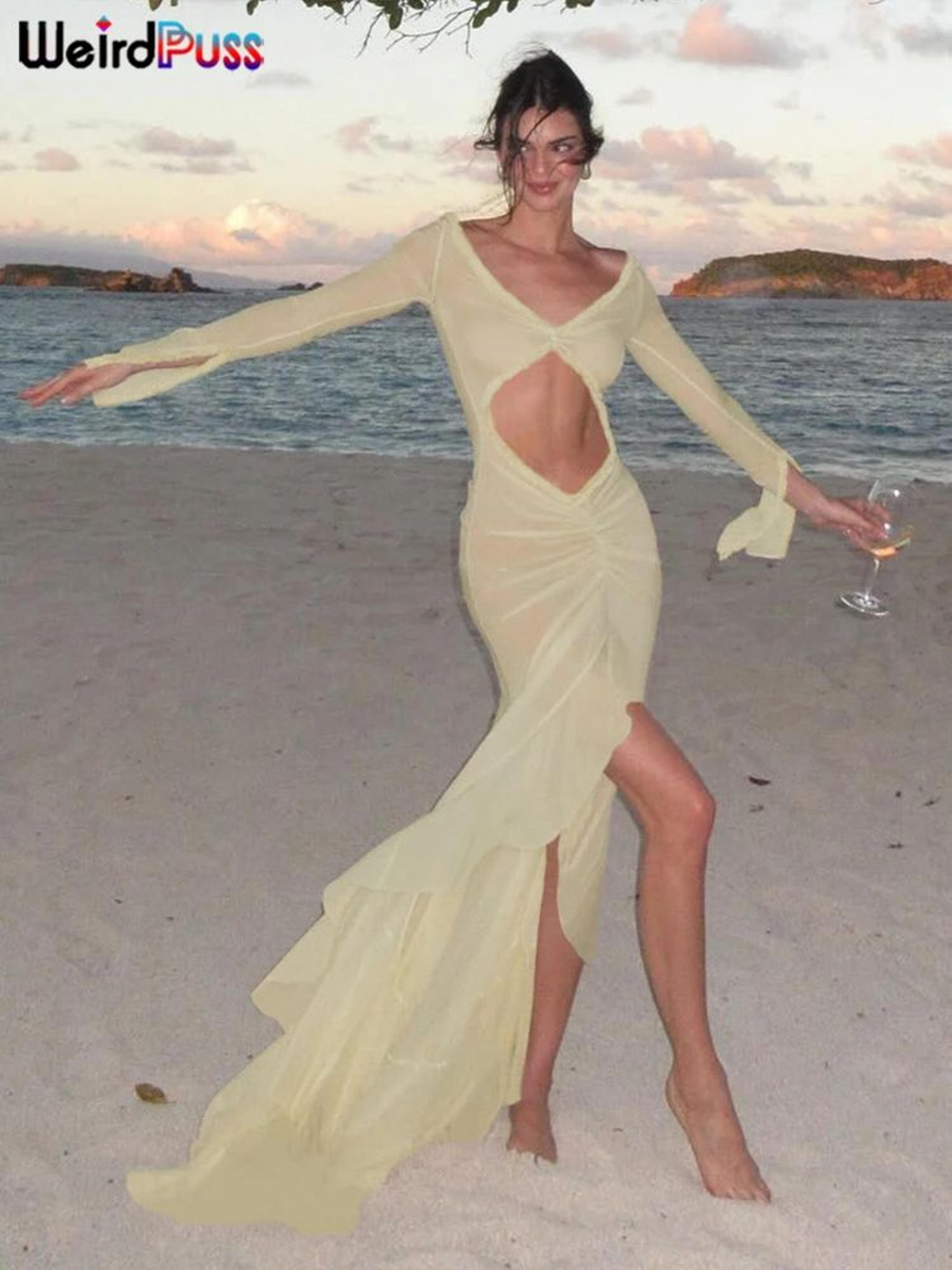 Weird Puss Sheer Bodycon Maxi Dress For Women  Ruched VNeck Long Sleeve Split Hem CoverUp 4