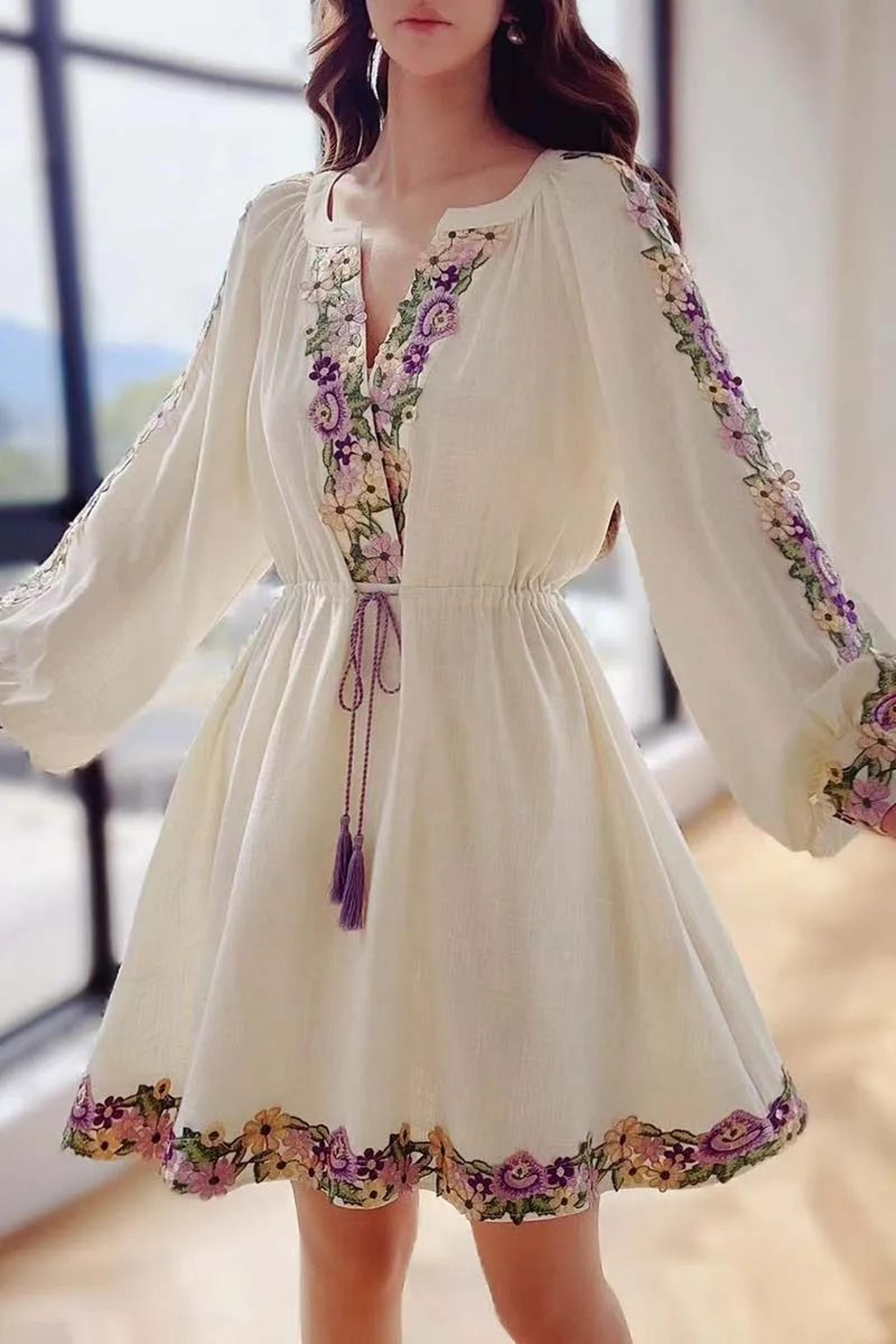 Embroidered Chiffon Dress With Lantern Sleeves  Elegant Beach Style Dress KneeLength Y2K Spring Dre 4