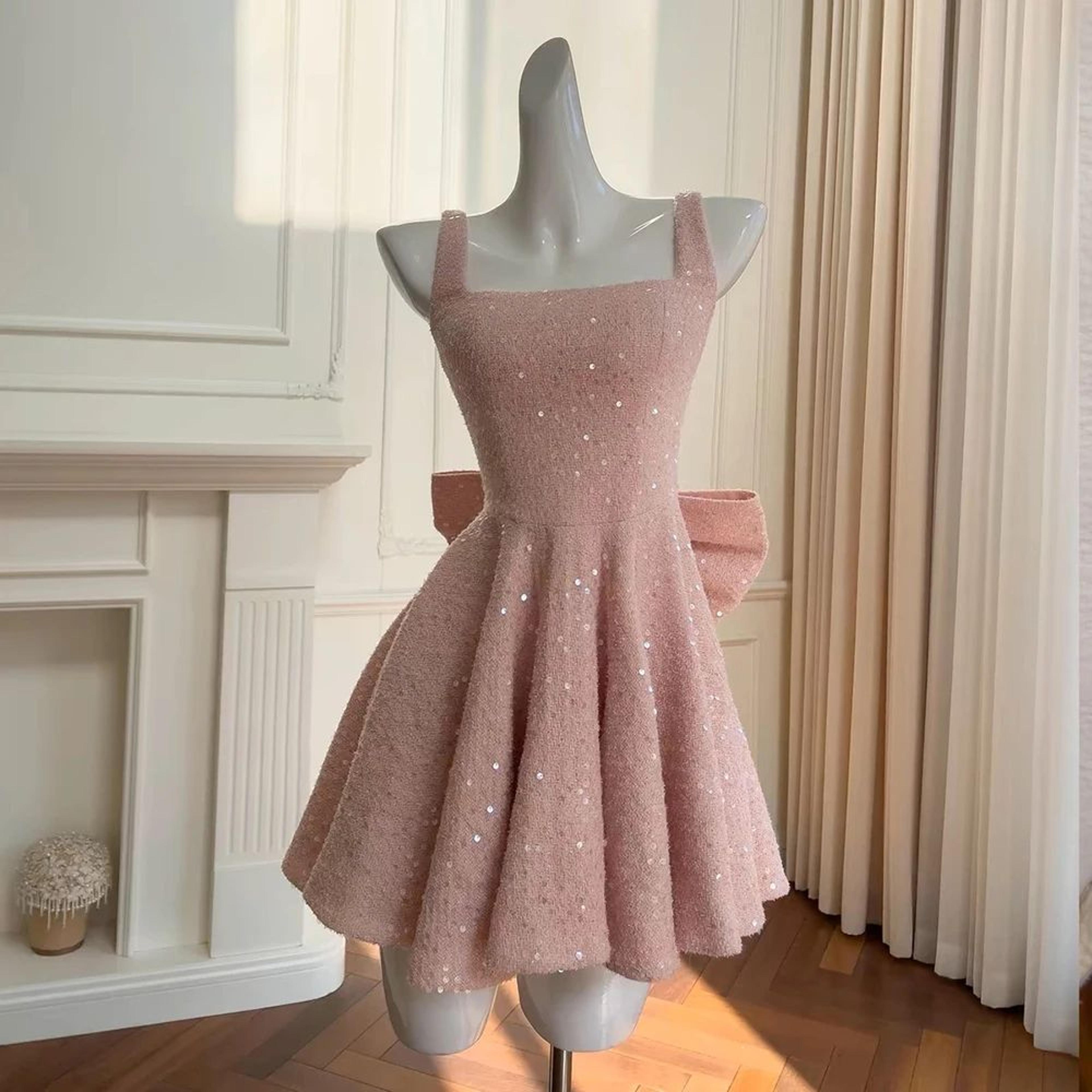 Sequin Bow Backless ALine Sequin Mini Dress  Sparkly Square Neck Party Dress 3