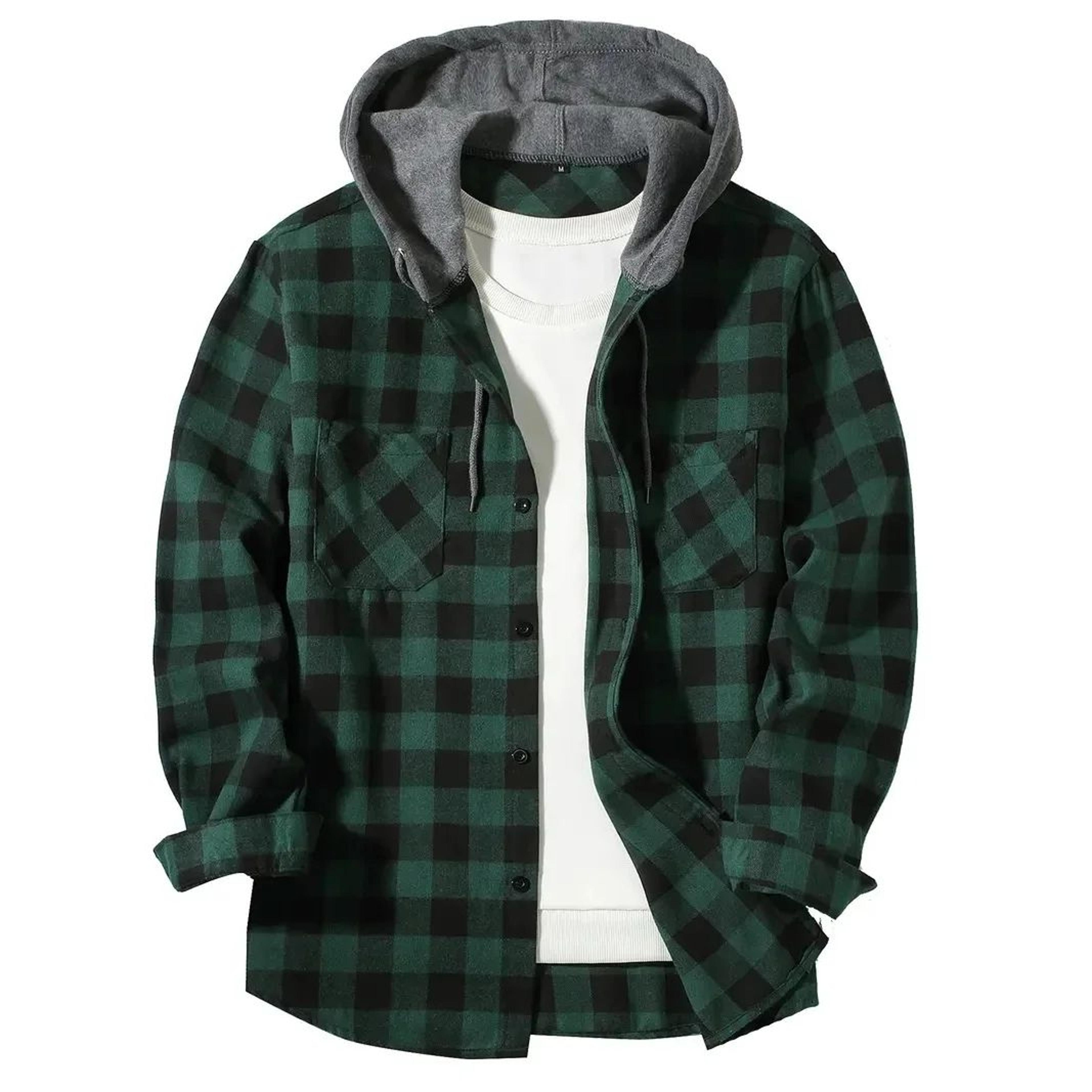 Mens Plaid Hooded Shirt Jacket  Casual Flannel Button Down Hoodie With Double Pockets 3