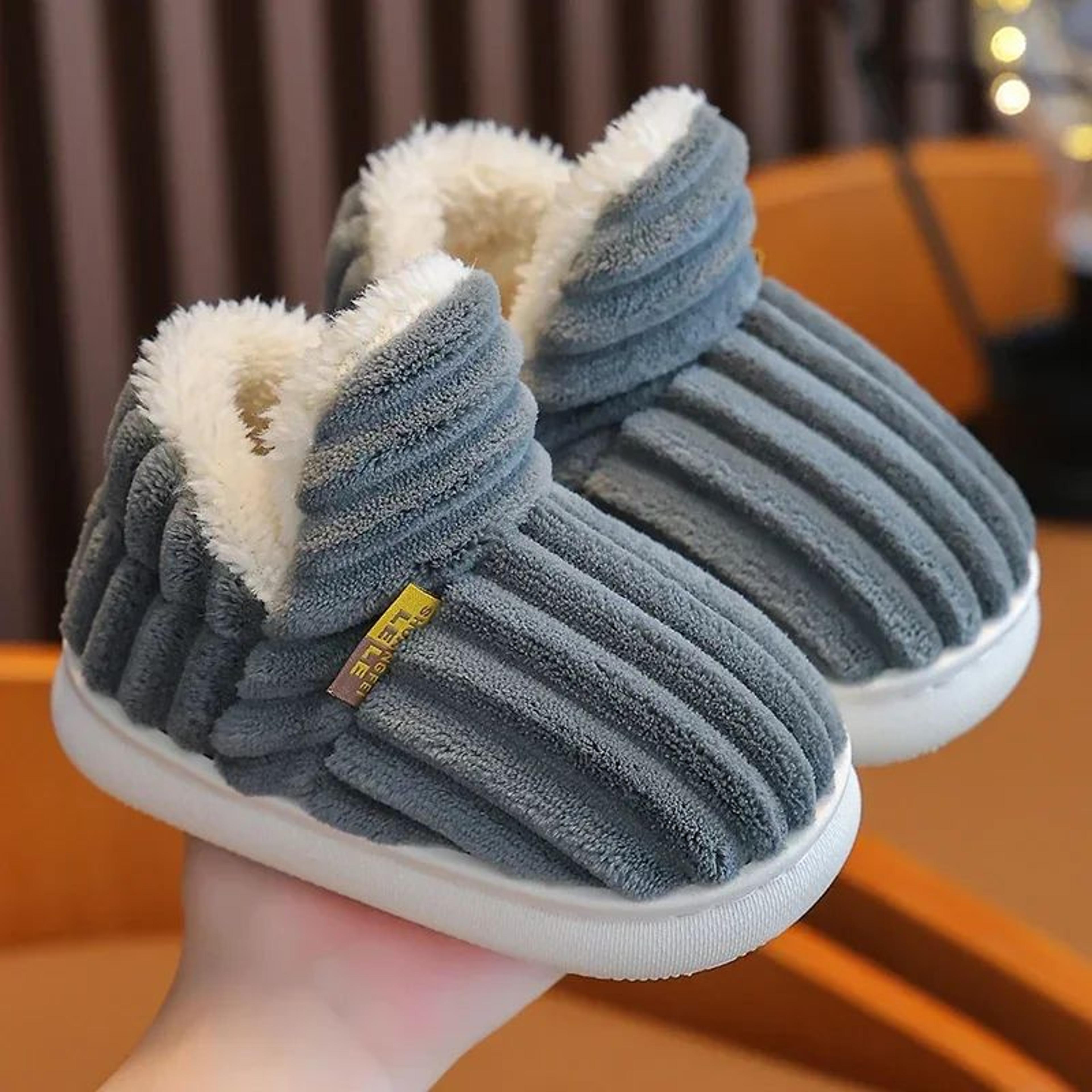 Cozy Stripe Plush Kids Winter Slippers  NonSlip Warm Indoor House Shoes 2