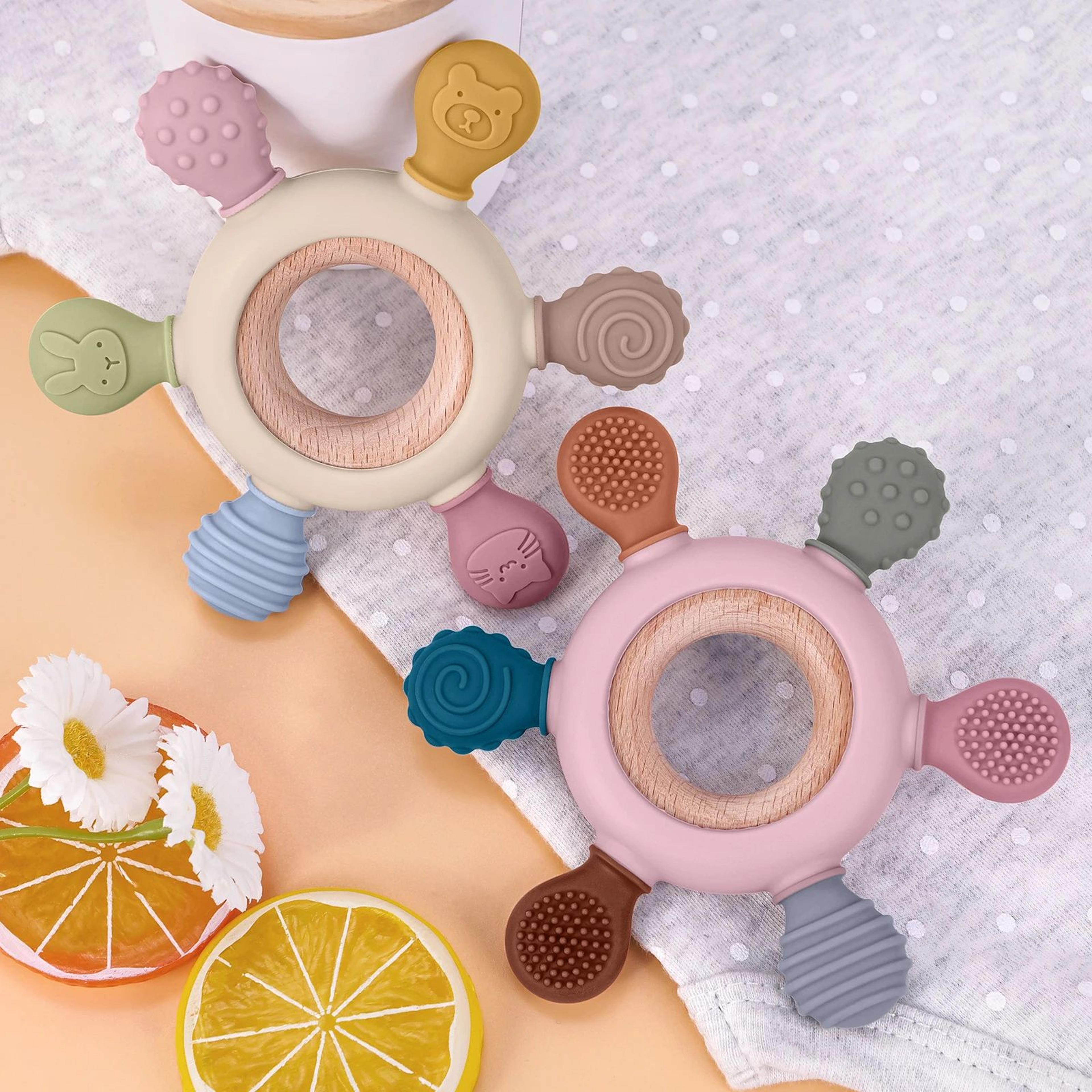 silicone baby teether with wooden ring, food grade silicone teether for newborns
