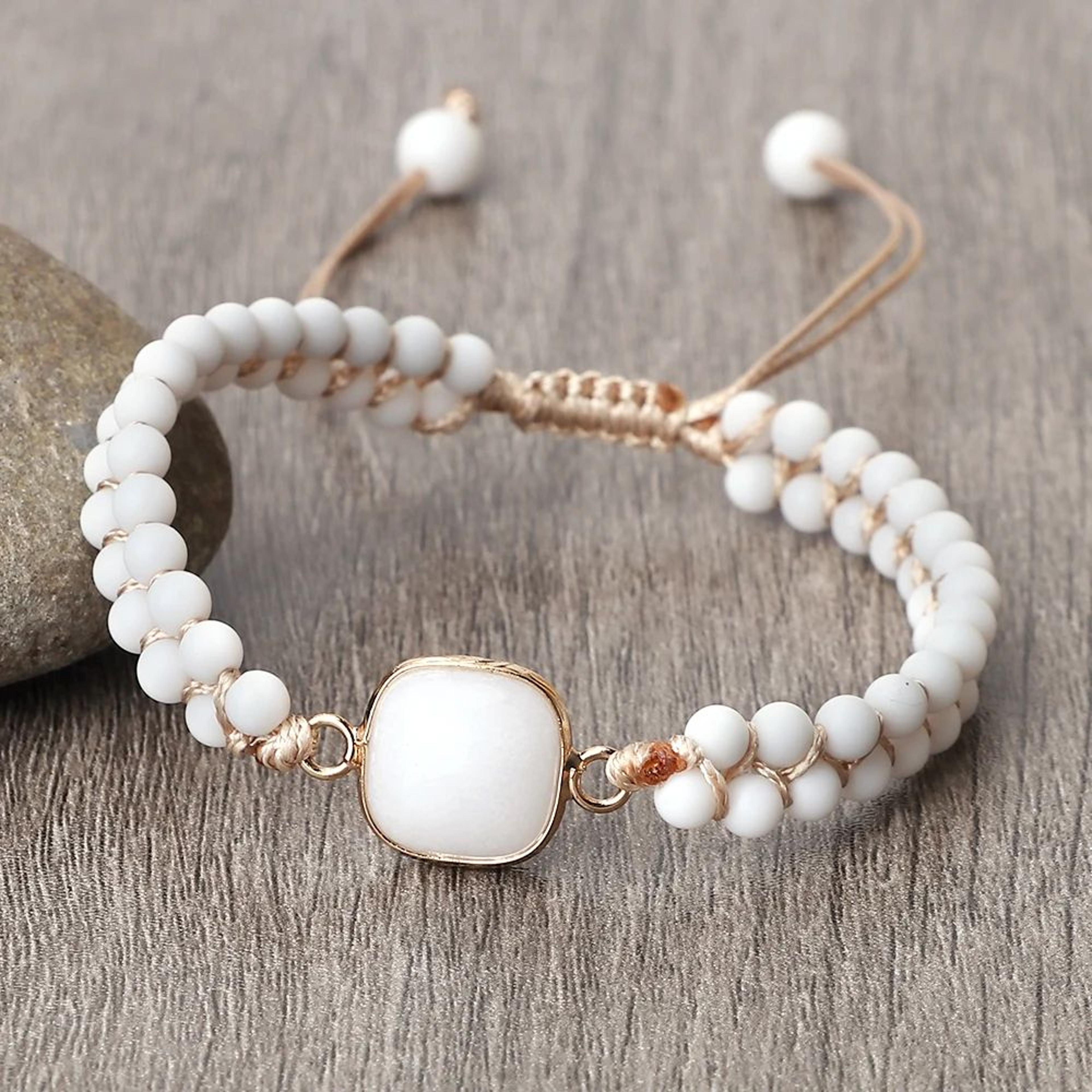 Vintage Howlite Bracelet For Women  Men  4mm White Beaded Bracelet With Handmade Adjustable Braided 6