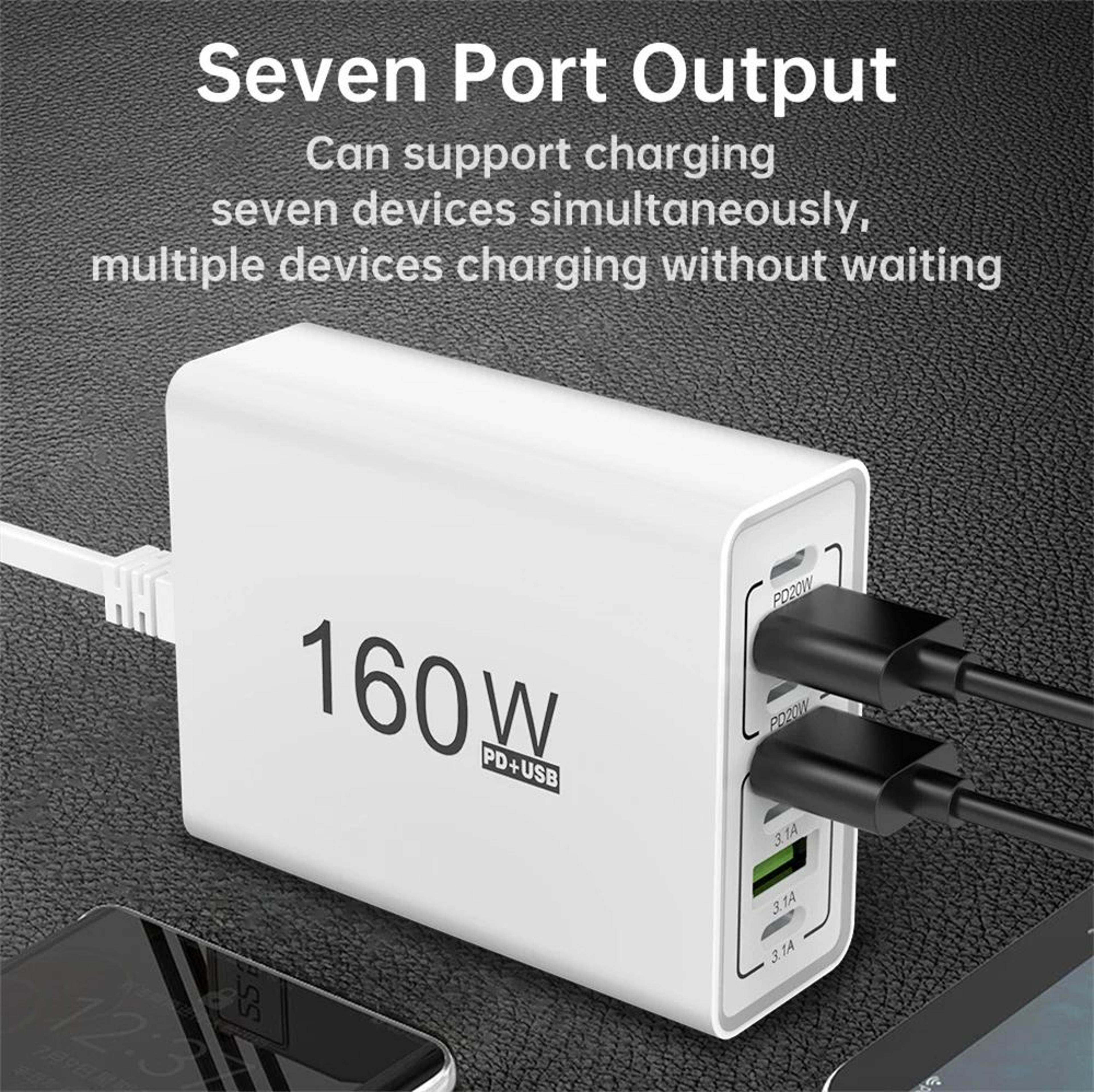 160W Multi Port USB Charger Fast Charging USB C Power Hub For Phones And Tablets 3