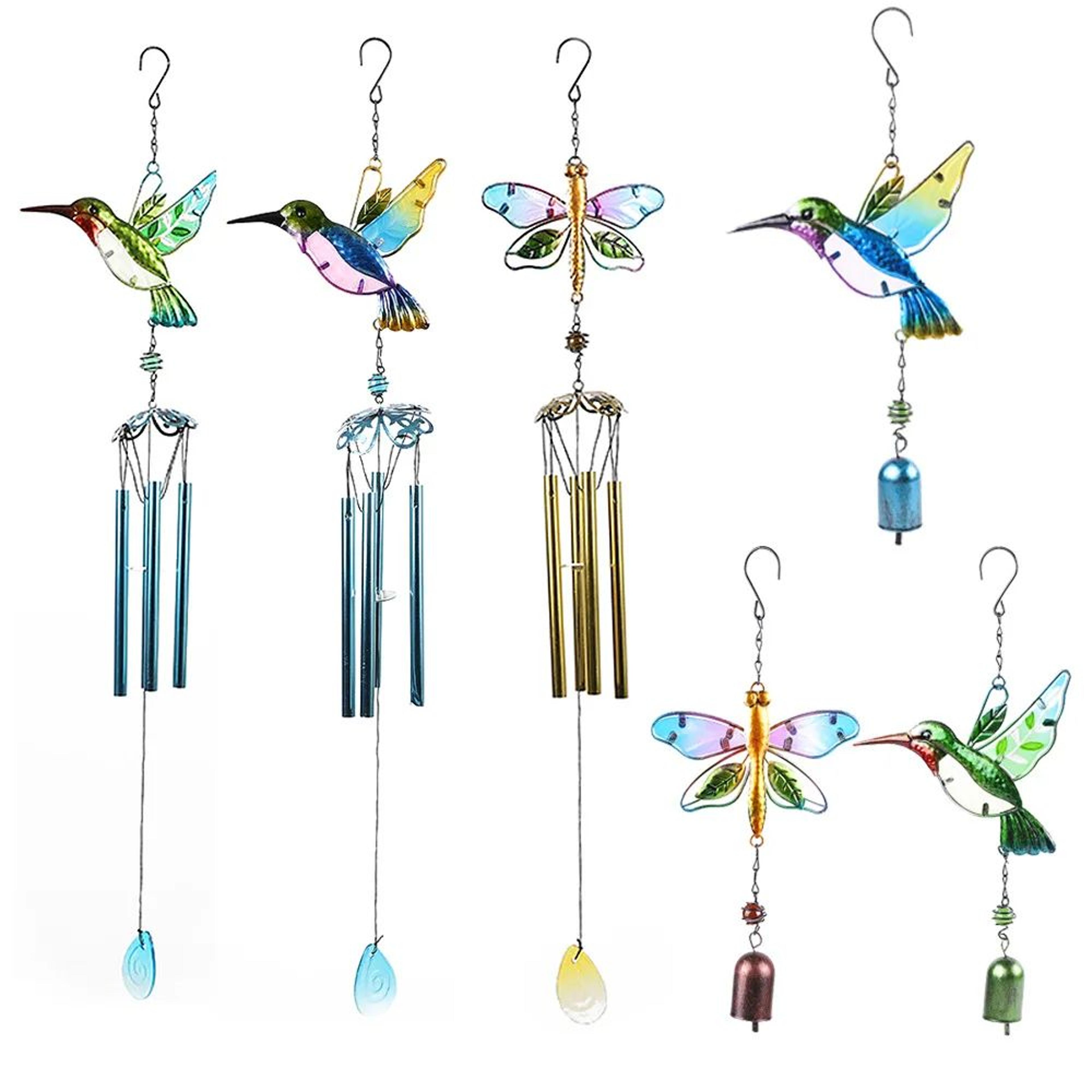 serenity glow outdoor wind chime with hummingbird & dragonfly glass art