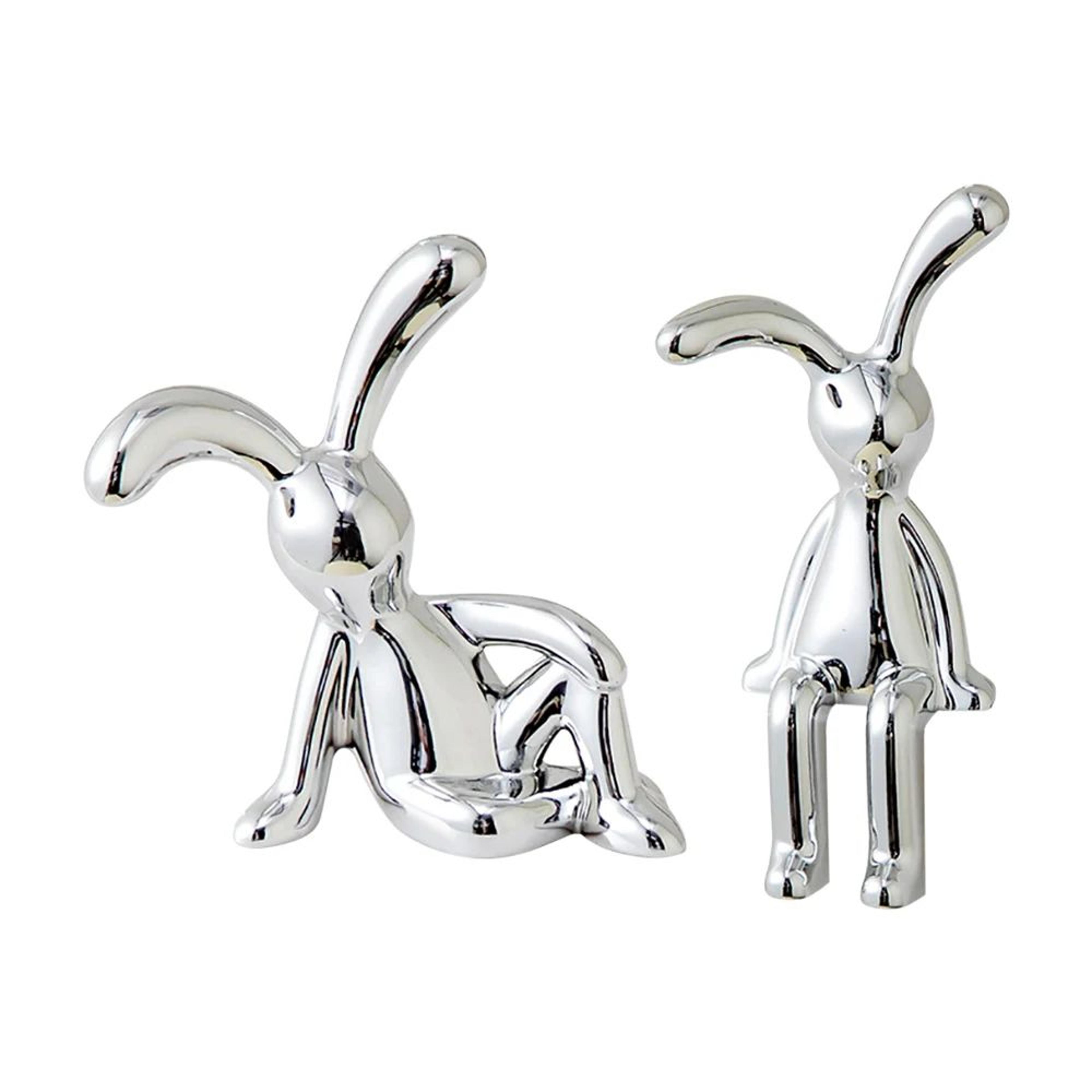 Silver LongEared Bunny Statue Set For Desk Shelf And Car Decor 3