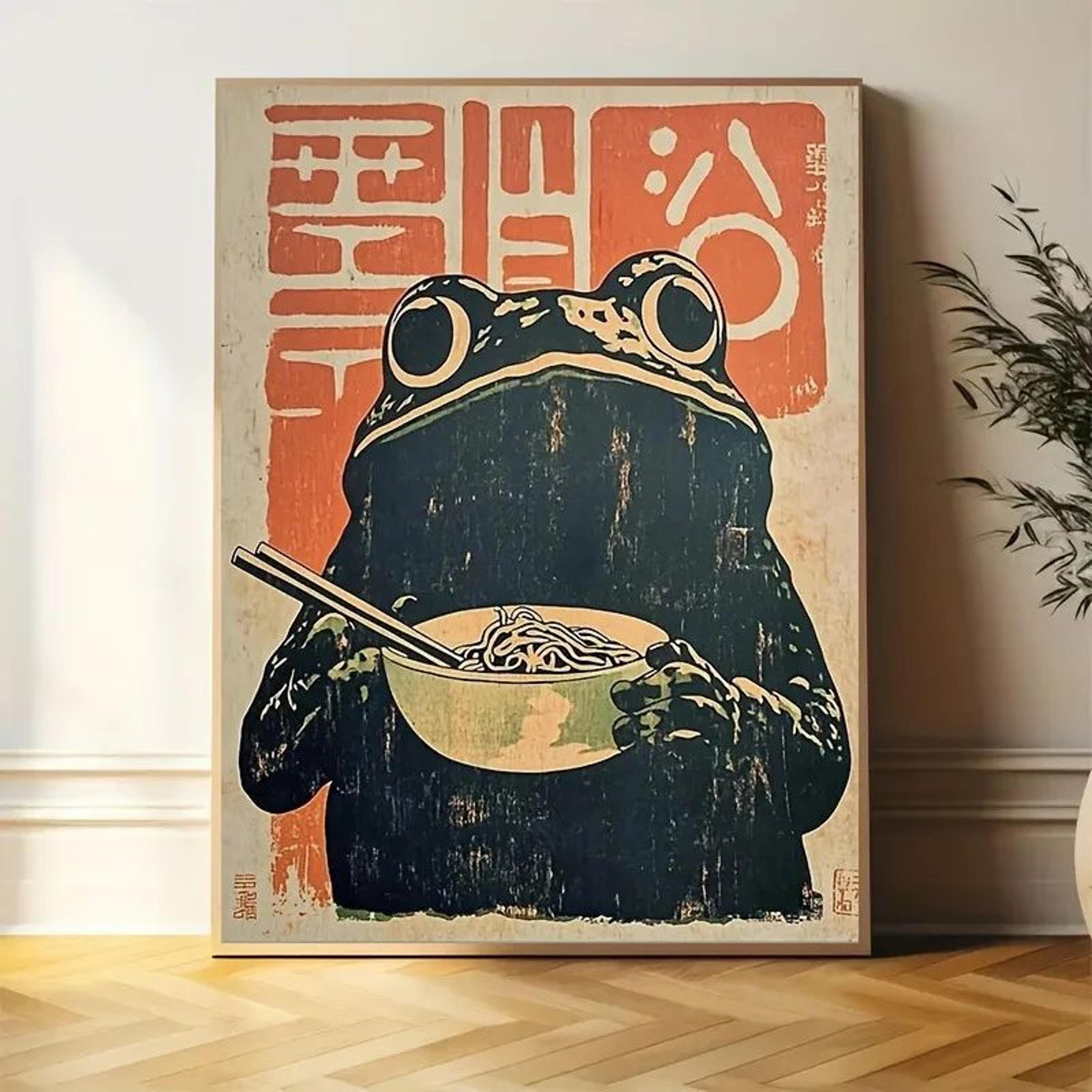 retro japanese frog ramen canvas wall art print