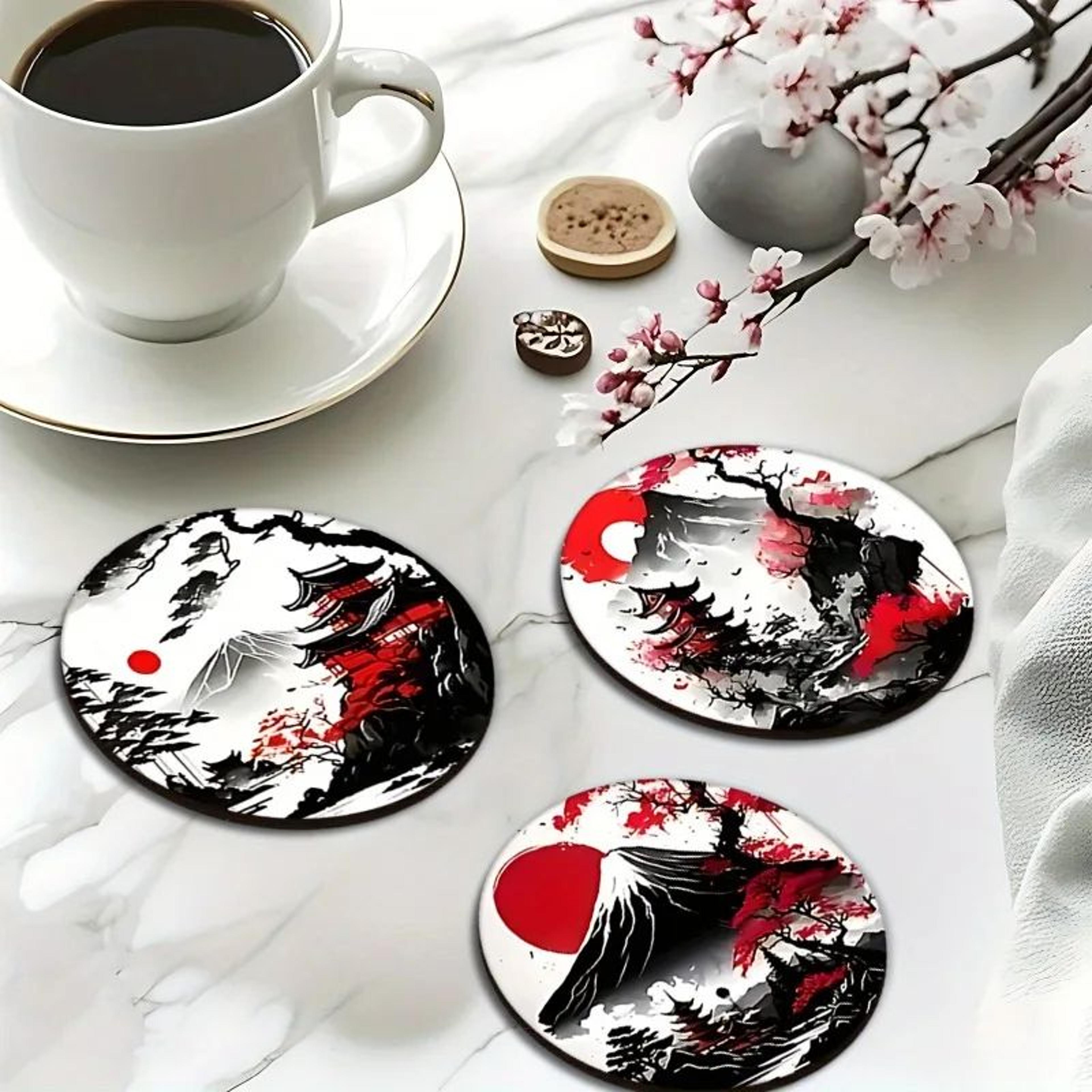 japanese landscape wooden coaster set – heatproof non-slip drink coasters (6-piece)