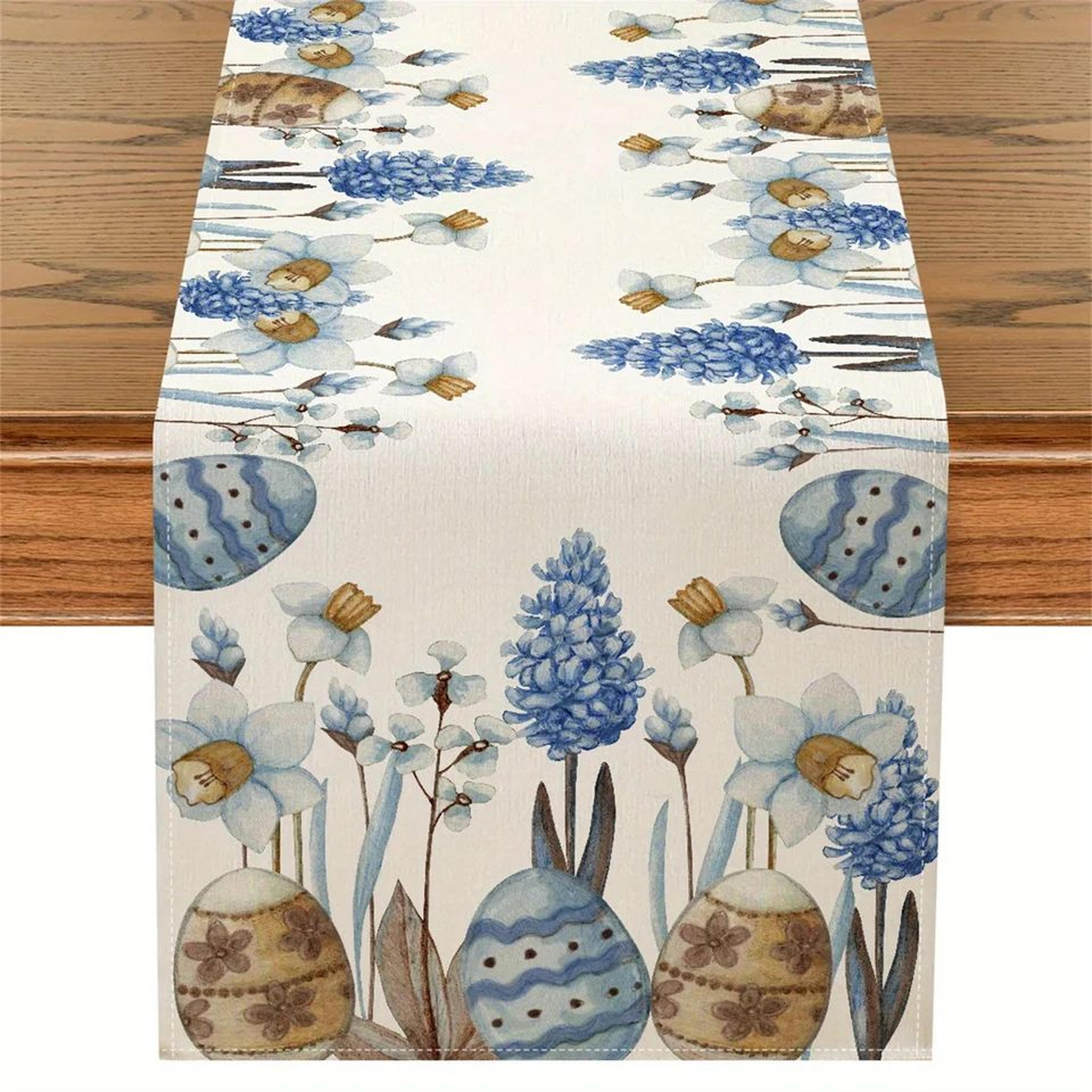 easter blue floral linen table runner – spring botanical table decor